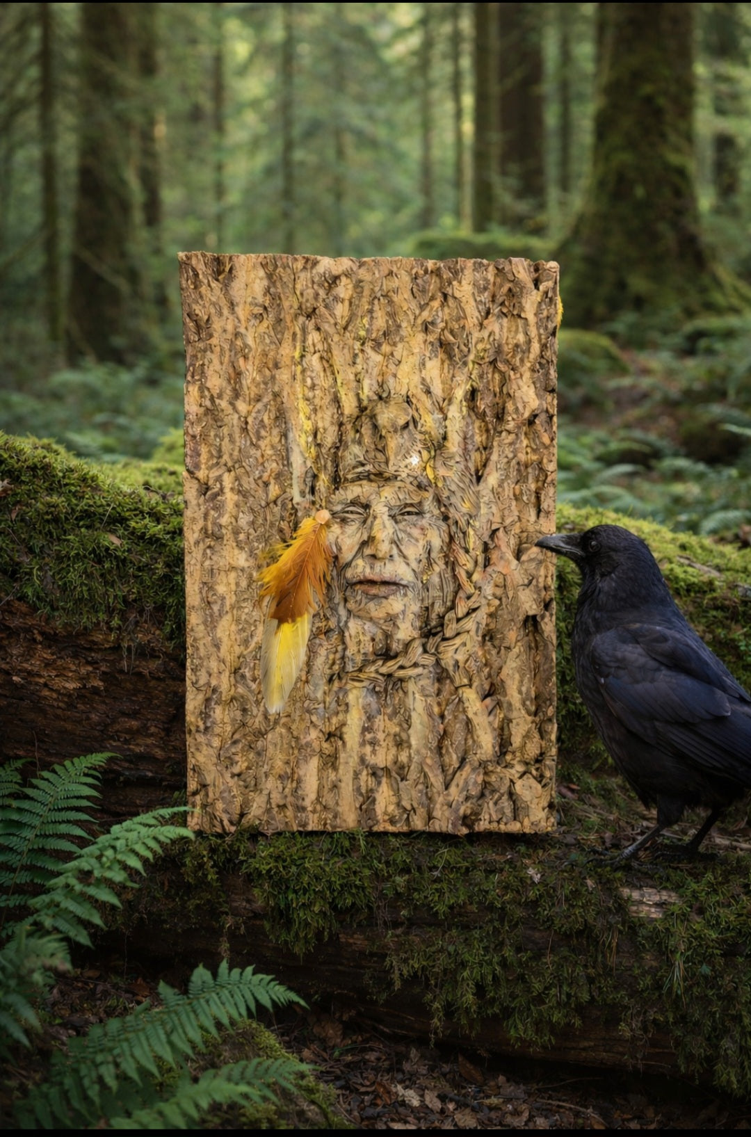 Raven Spirit of the Forest, Tree Bark Sculpture | Woodland Spiritual Art