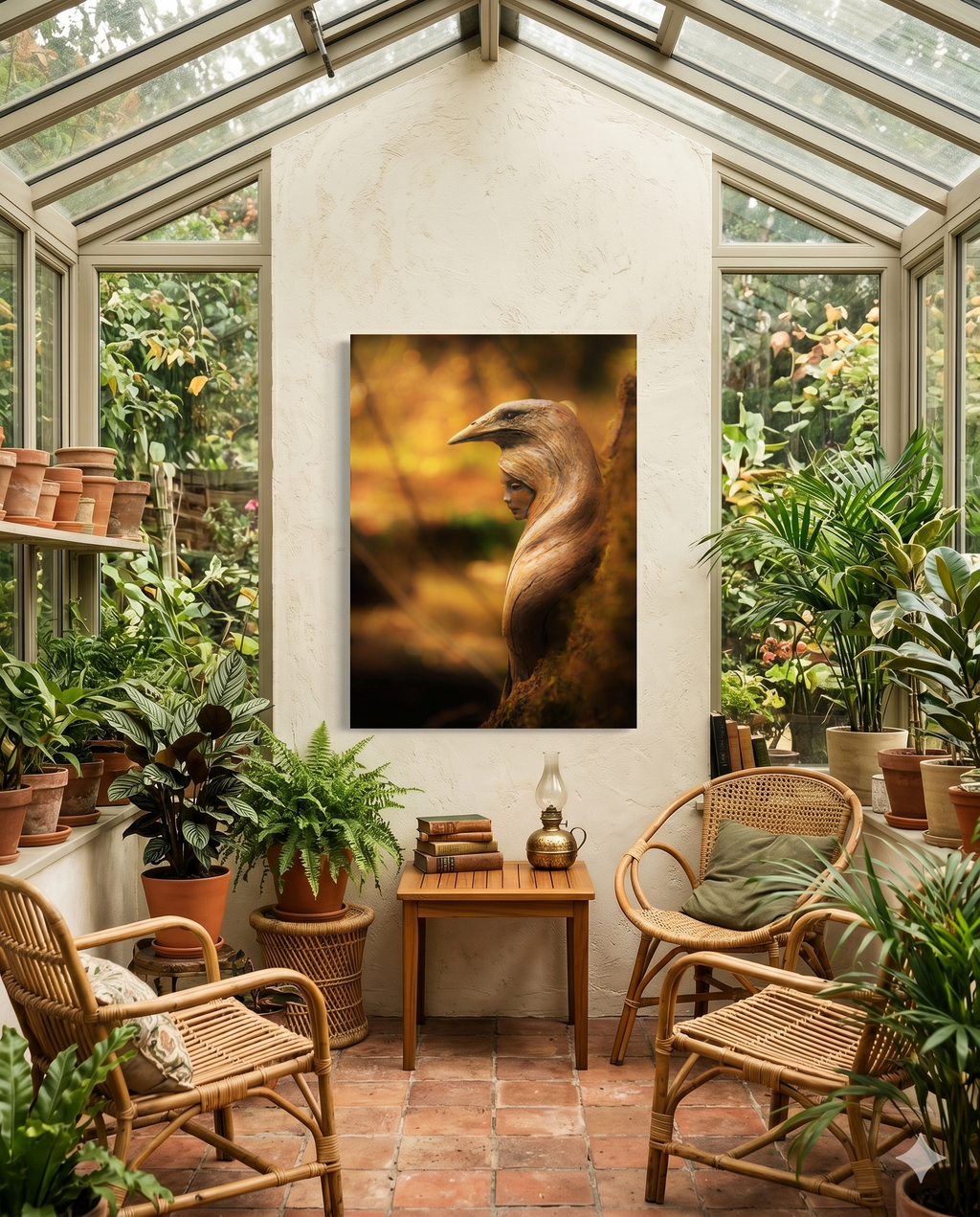 A Sunroom with plants and furniture with a canvas wall art of original sculpture