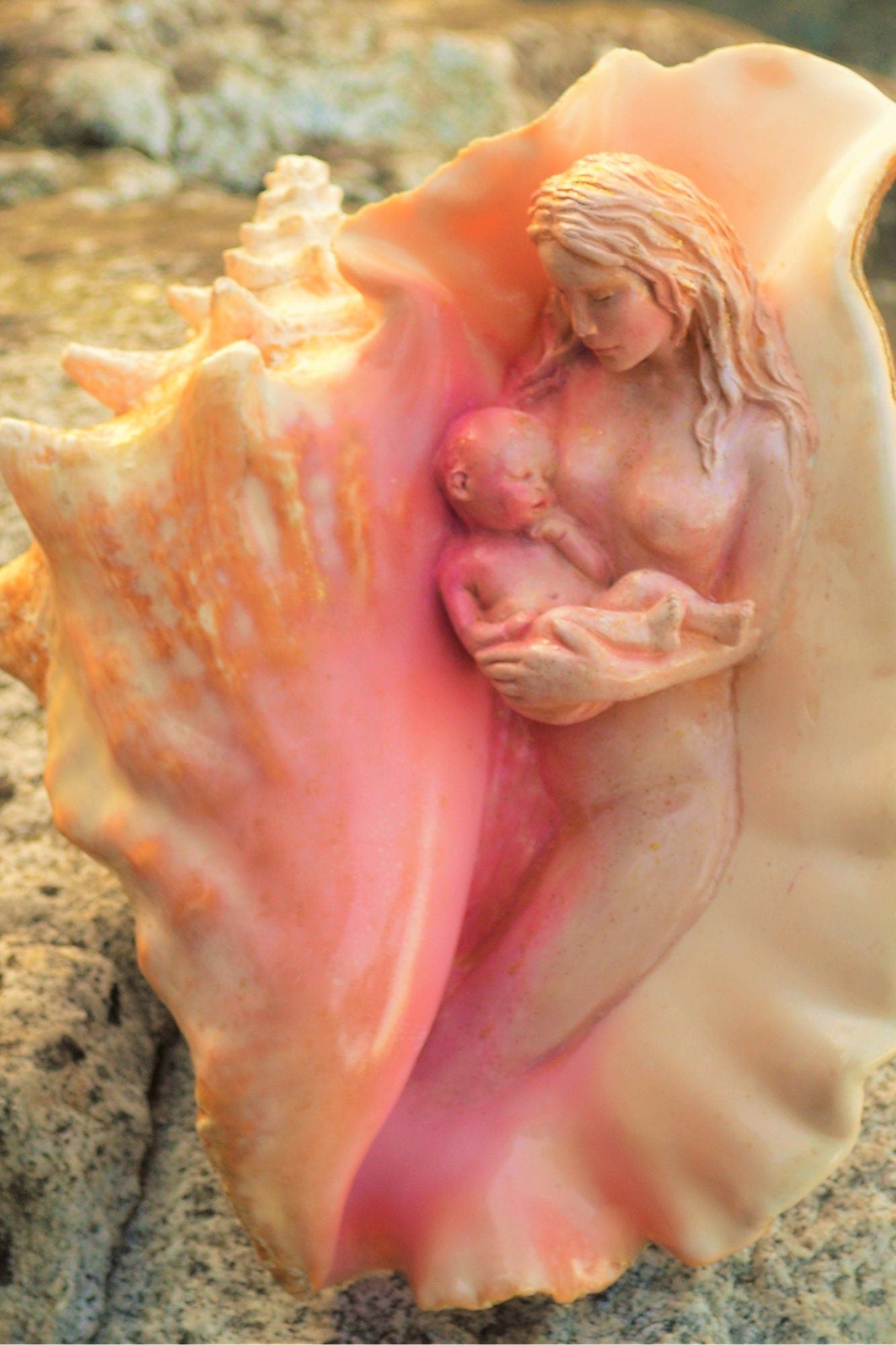 FREE SHIPPING - Art Card, Mother and Baby in Conch, by Debra Bernier, Shaping Spirit