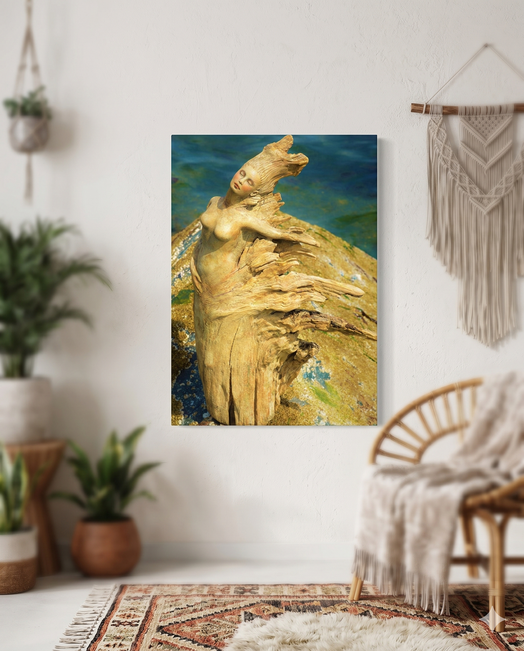 A living room setting with plants and a chair with a canvas wall art of original sculpture