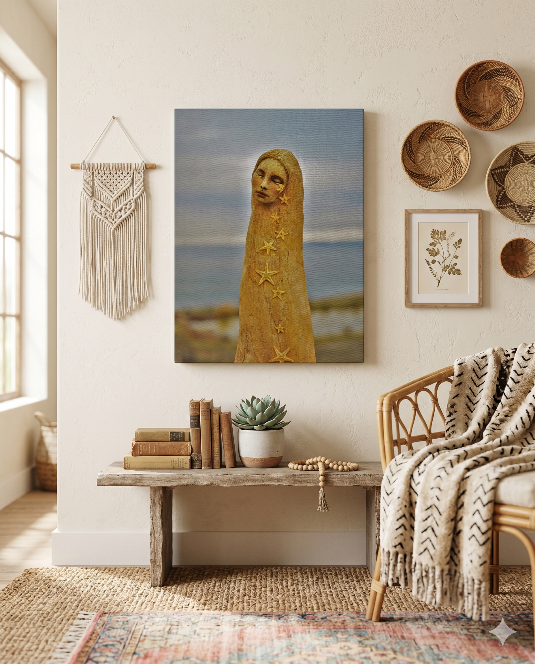 Living room with books, a plant, and a woven rug showing a canvas wall art of original sculpture