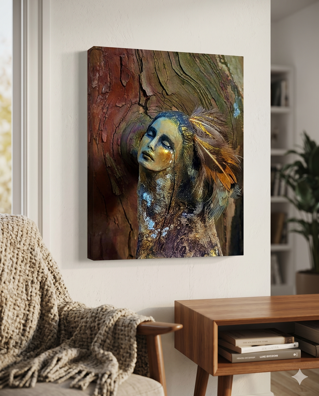  A living room with a canvas wall art of original sculpture
