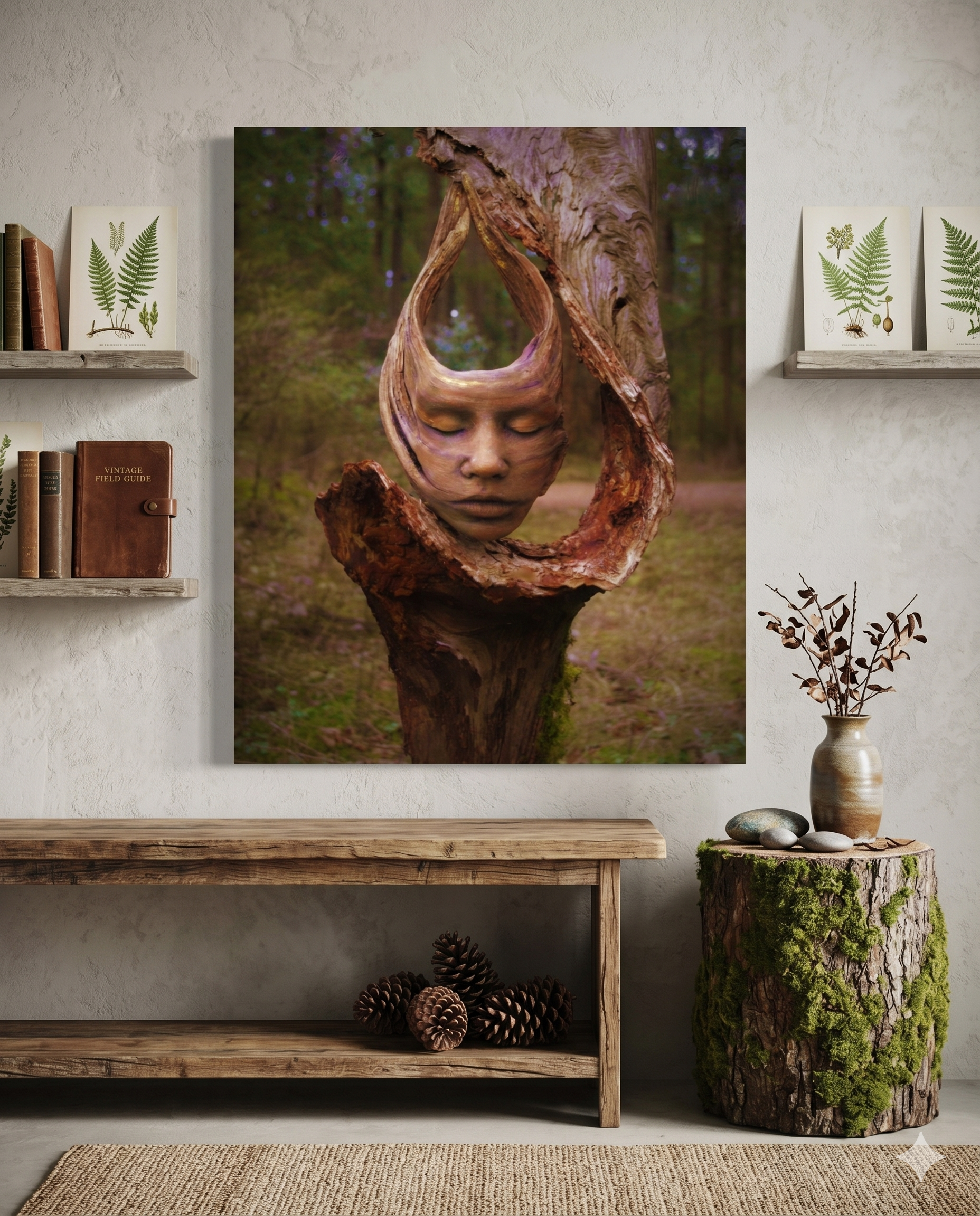 A room with decor elements showing a canvas wall art of original sculpture.