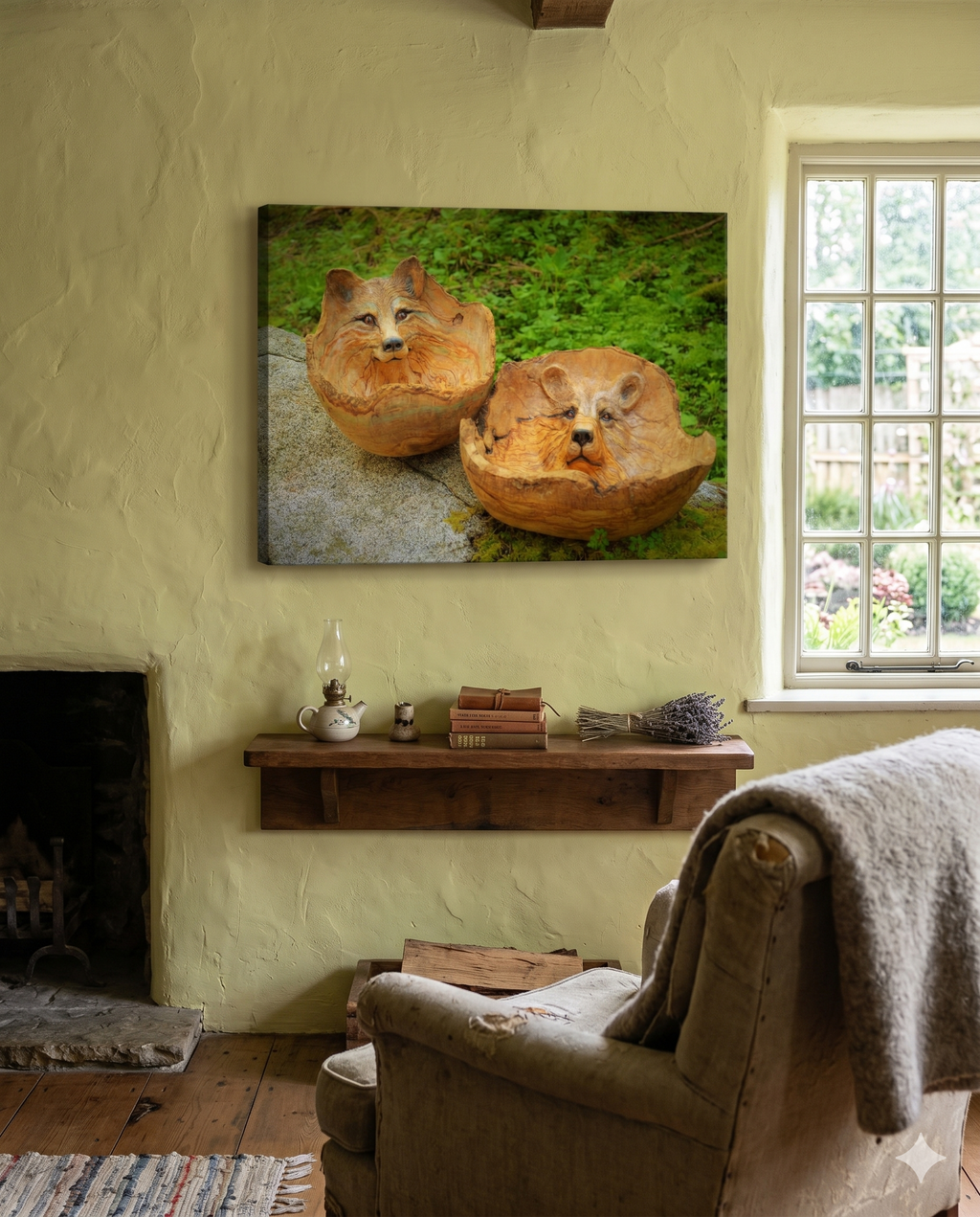 Room interior with a painting of two wooden carvings of a fox and a bear in the shape of a bowl on the wall, a fireplace, and a window.