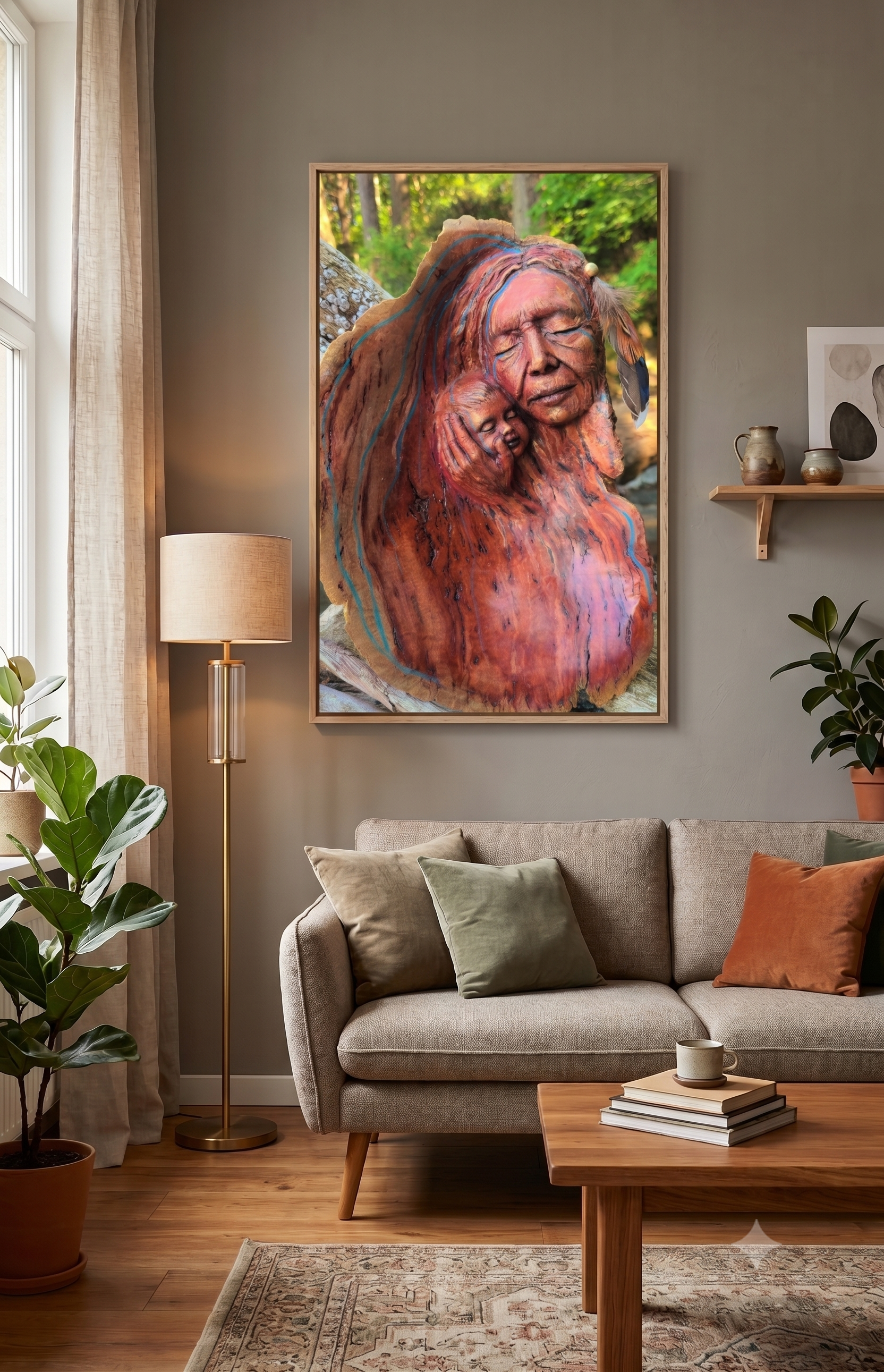 Living room with a gray sofa, wooden coffee table, and a large framed portrait  of a grandmother and child carved in wood hanging on the wall.