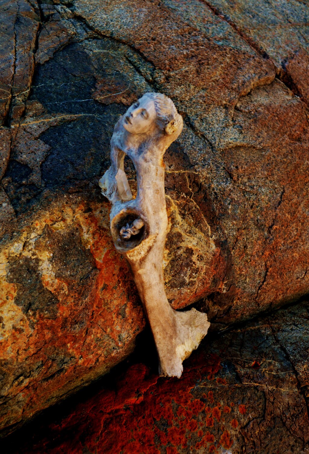 Mermaid Bone Mother with Crystal, Sacred Goddess Talking Stick, Baby in Womb Sculpture by Shaping Spirit