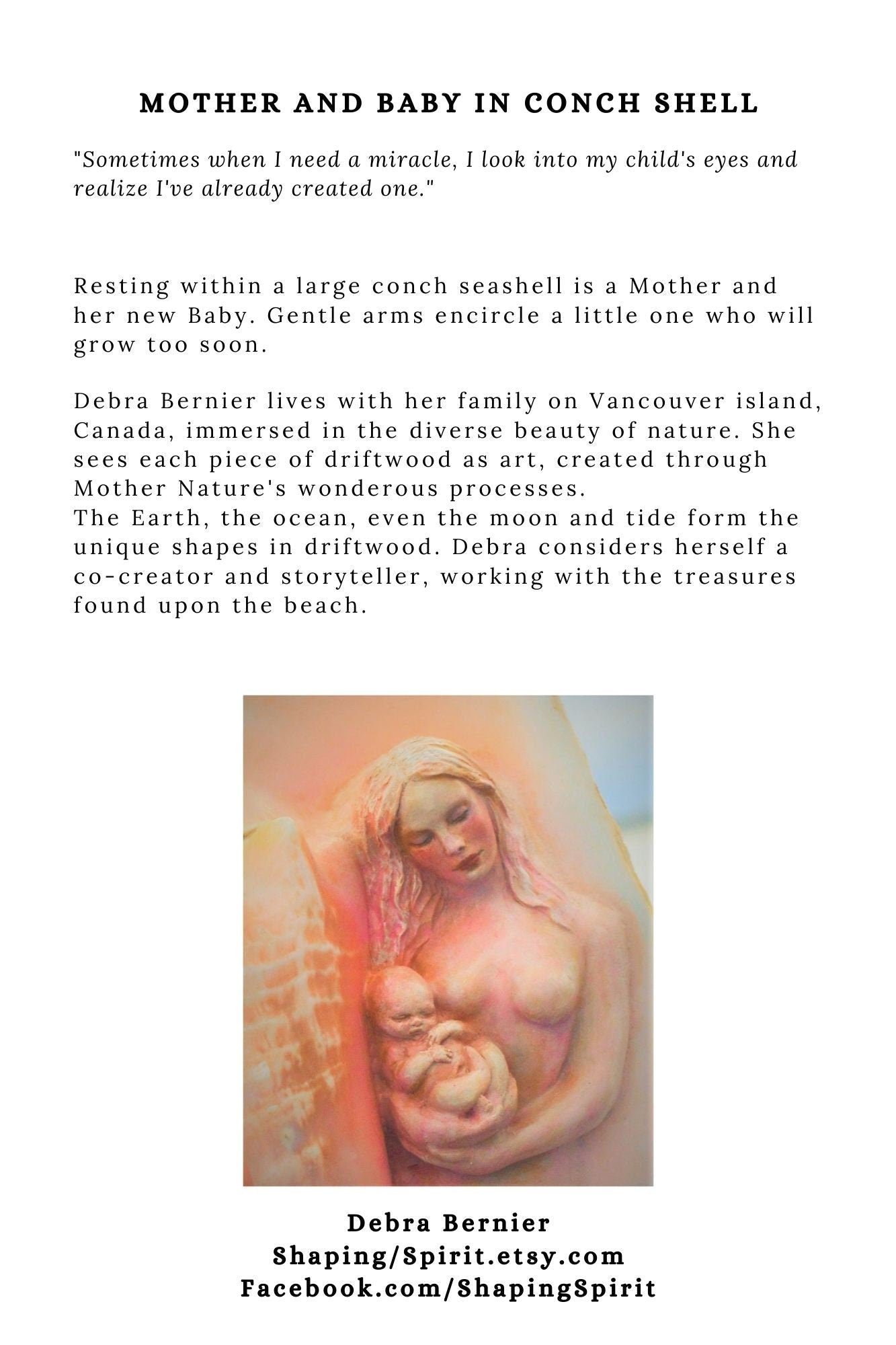 FREE SHIPPING - Art Card, Mother and Baby in Conch, by Debra Bernier, Shaping Spirit