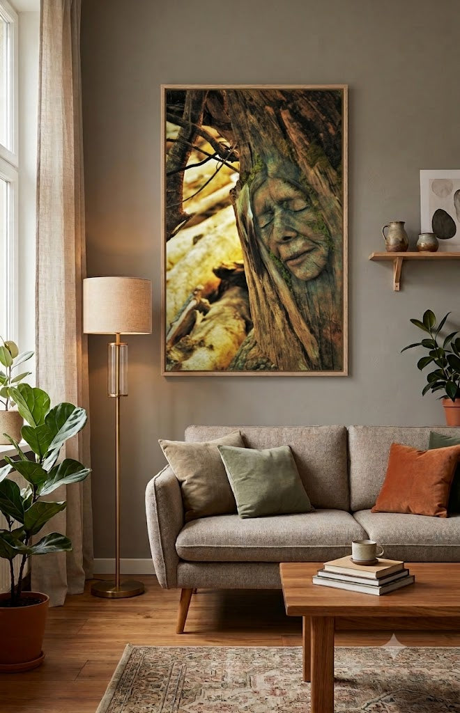 Living room with a gray sofa, wooden coffee table, and large framed artwork of grandmother willow on the wall.