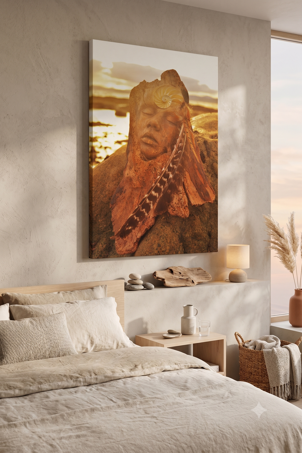 Bedroom with a large painting of a driftwood carving and beach background on the wall.