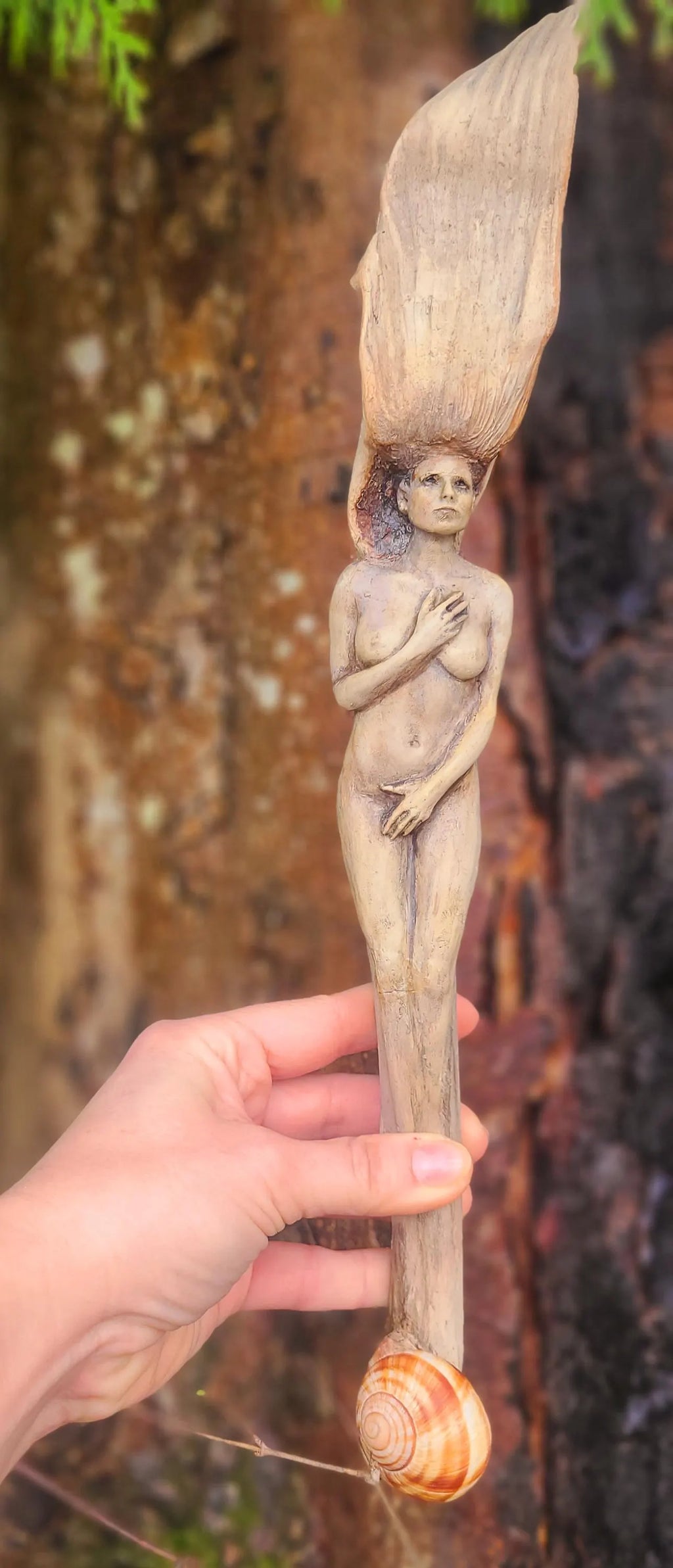 Keeper of the Tides, Driftwood Woman with shell | Coastal Spiritual Sculpture