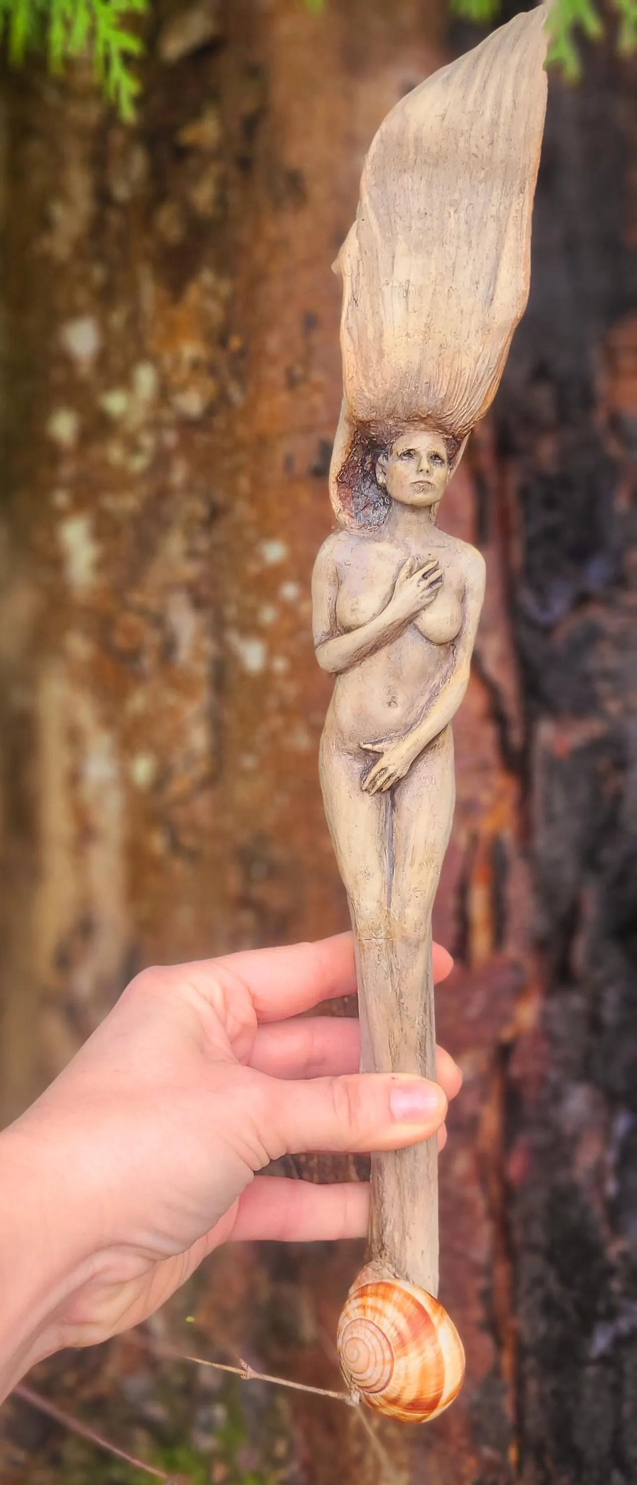 Keeper of the Tides, Driftwood Woman with shell | Coastal Spiritual Sculpture