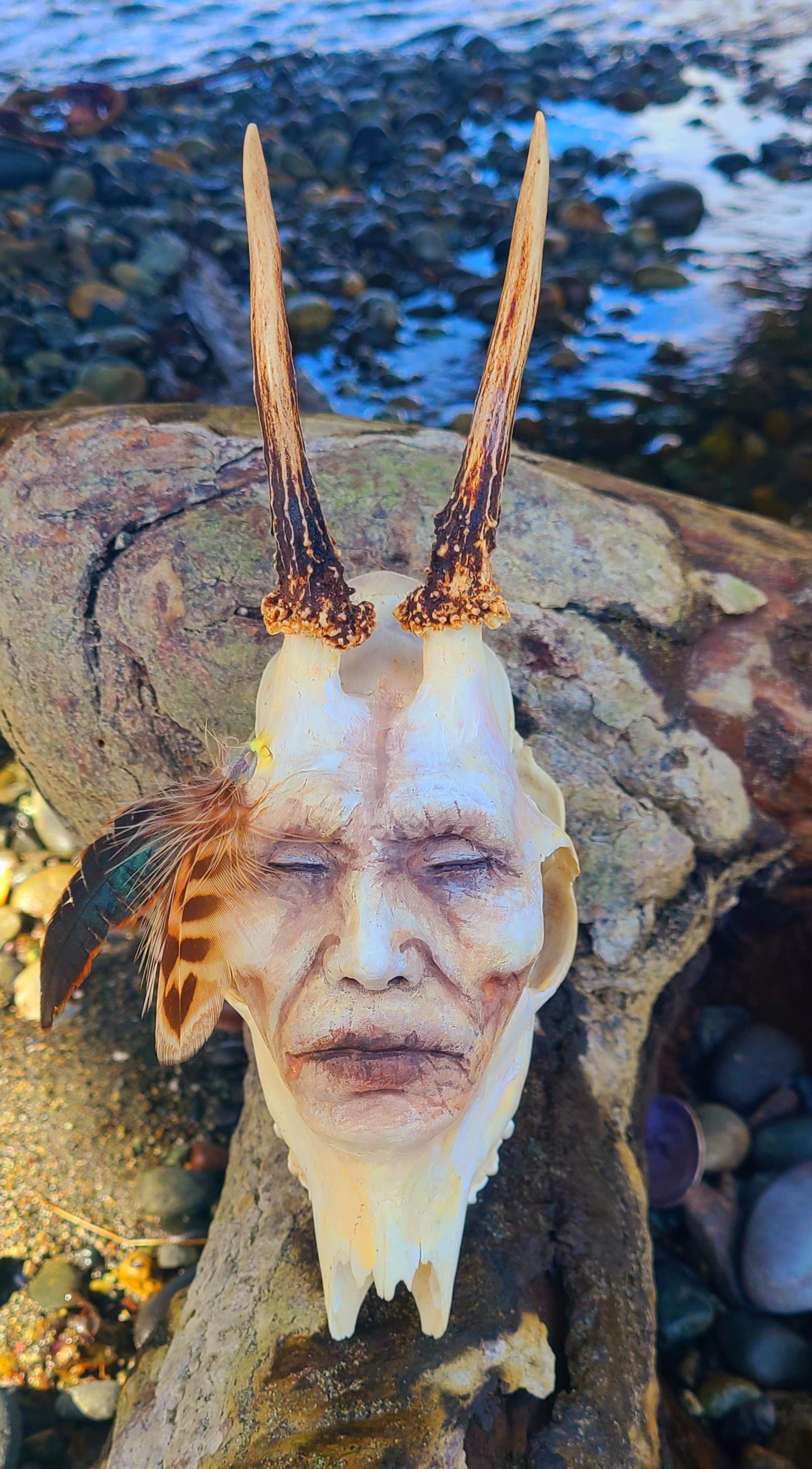 Horned Skull Man with Feathers, Altar Bone Sacred Sculpture
