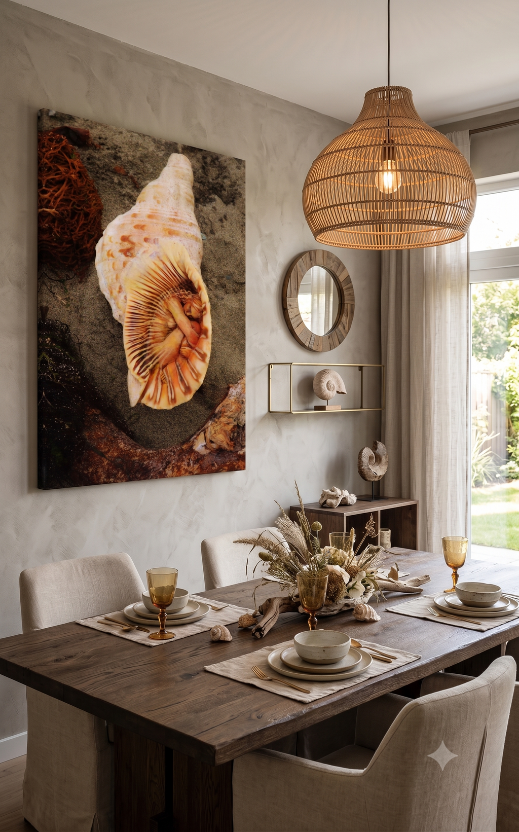 Dining room with a large shell artwork on the wall and a table set for a meal.