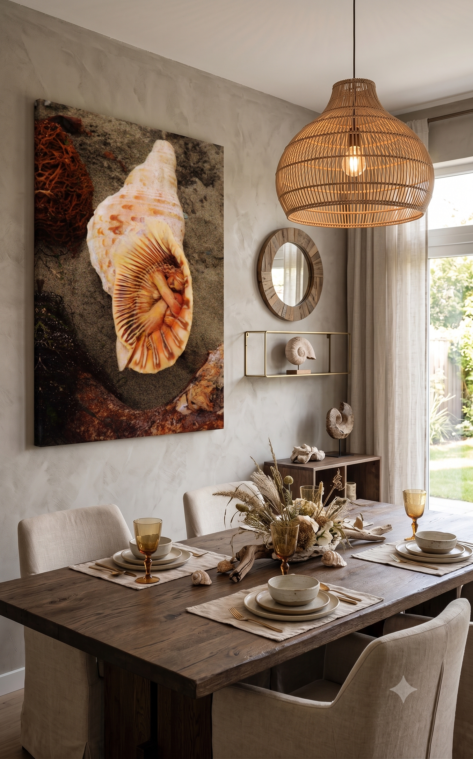 Dining room with a large shell artwork on the wall and a table set for a meal.