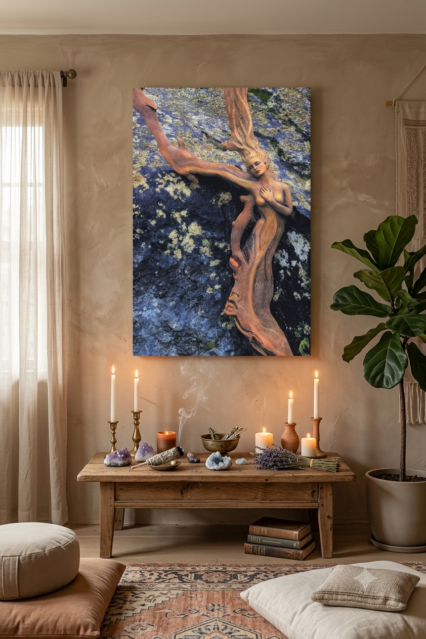Living room with a large abstract painting of a woman carved out of driftwood, candles, and a wooden coffee table.