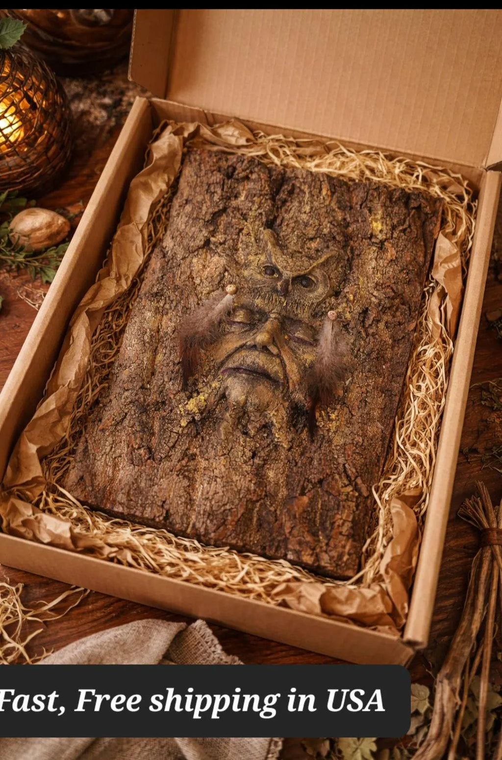 Owl Spirit of the Forest - Tree Bark Owl Sculpture | Spiritual Woodland Art