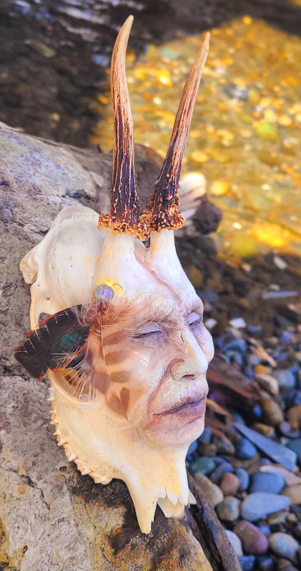 Horned Skull Man with Feathers, Altar Bone Sacred Sculpture