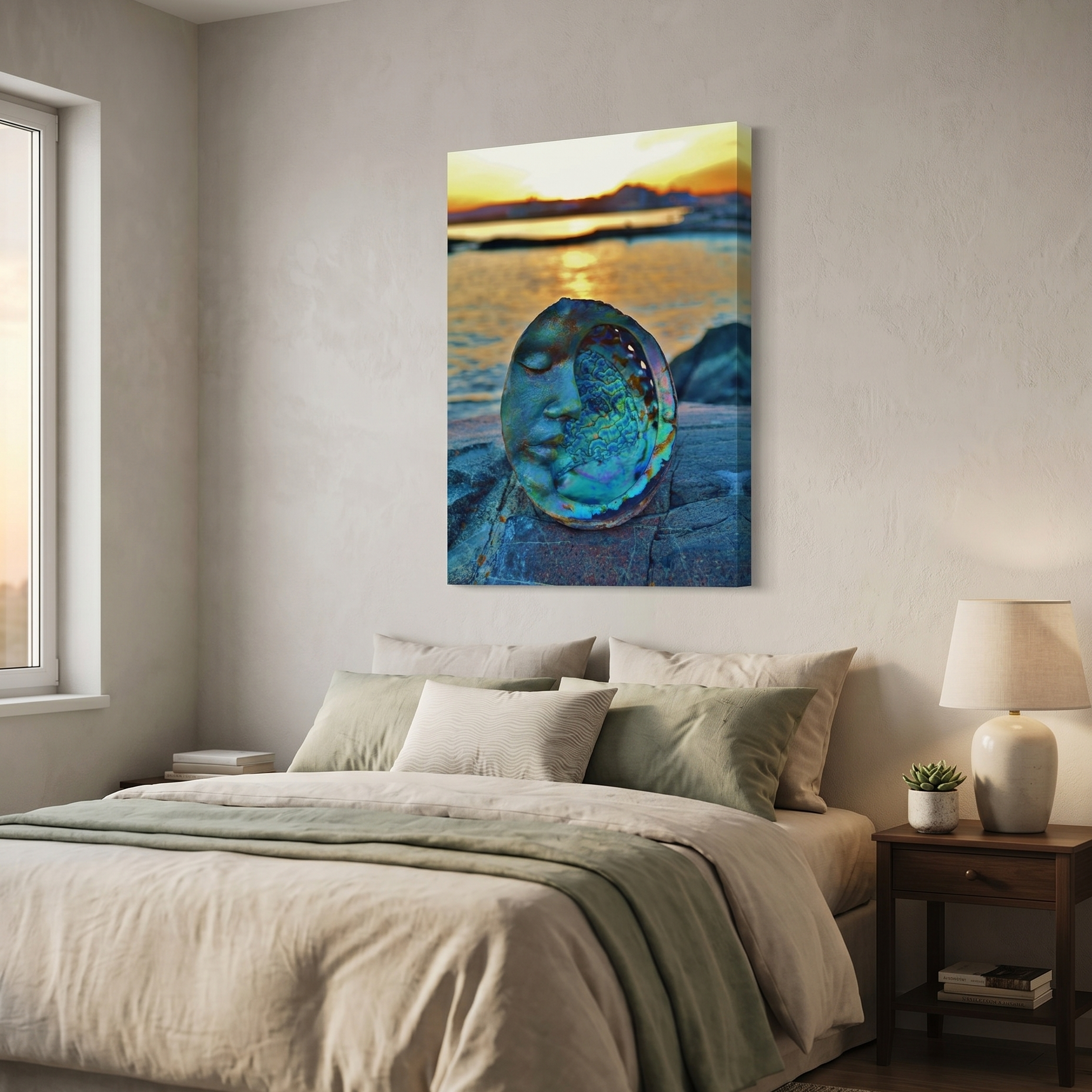 Bedroom with a canvas print of an original sculpture