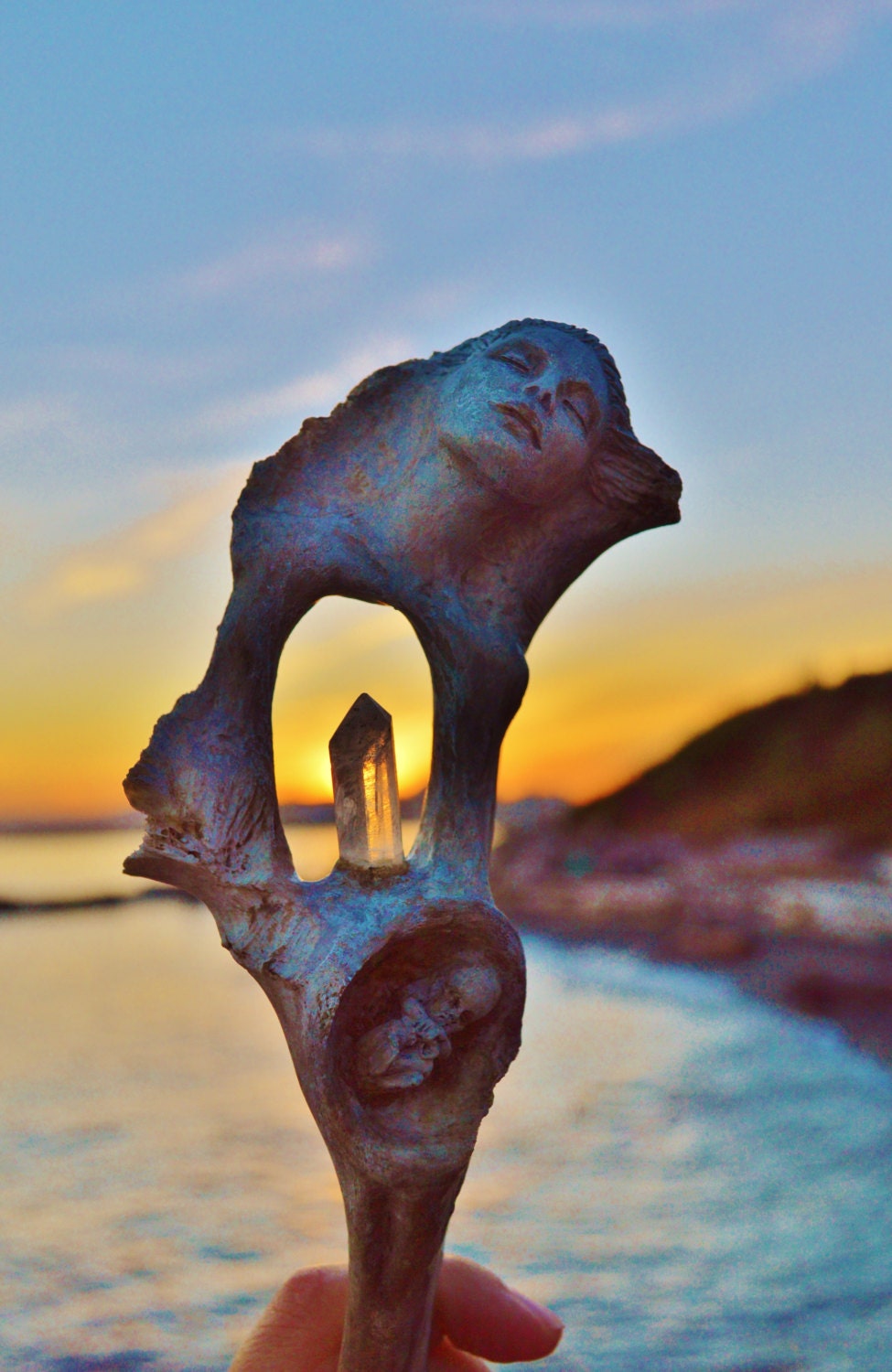 Mermaid Bone Mother with Crystal, Sacred Goddess Talking Stick, Baby in Womb Sculpture by Shaping Spirit