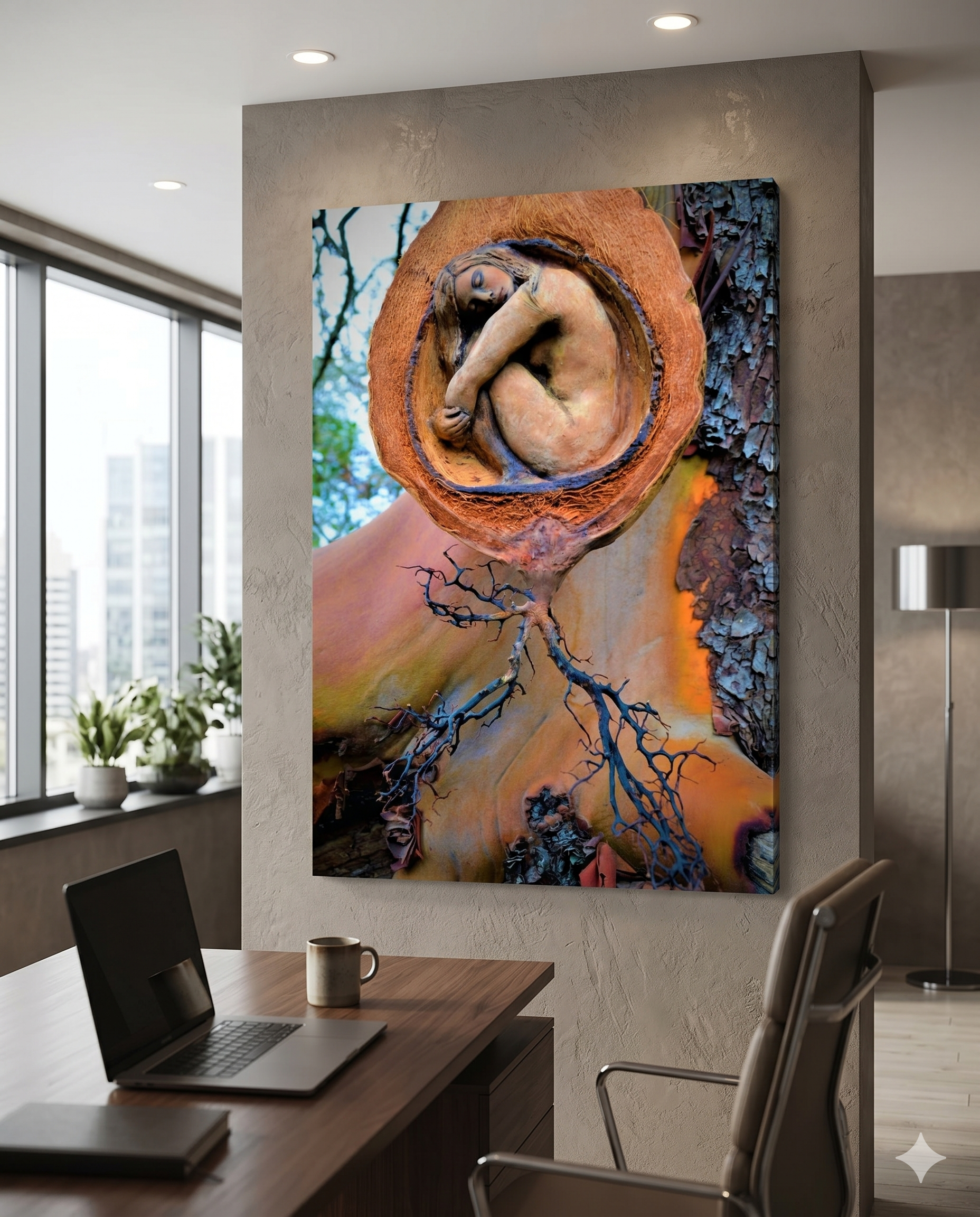 Modern office interior with a wall art of an original sculpture.