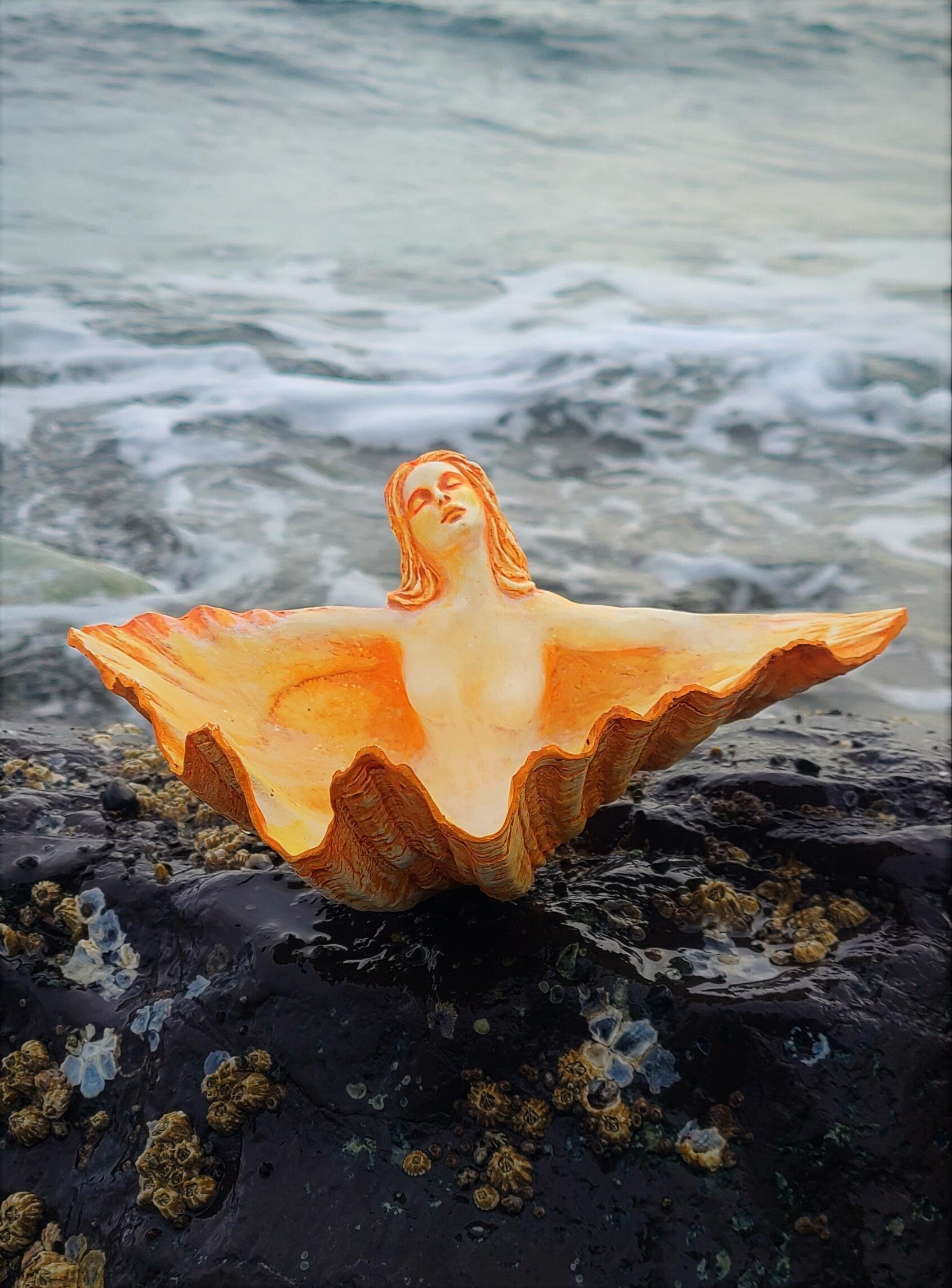 Ocean Treasure Bowl, WHITE Clam Shell Goddess, Altar Sculpture by Shaping Spirit, Debra Bernier