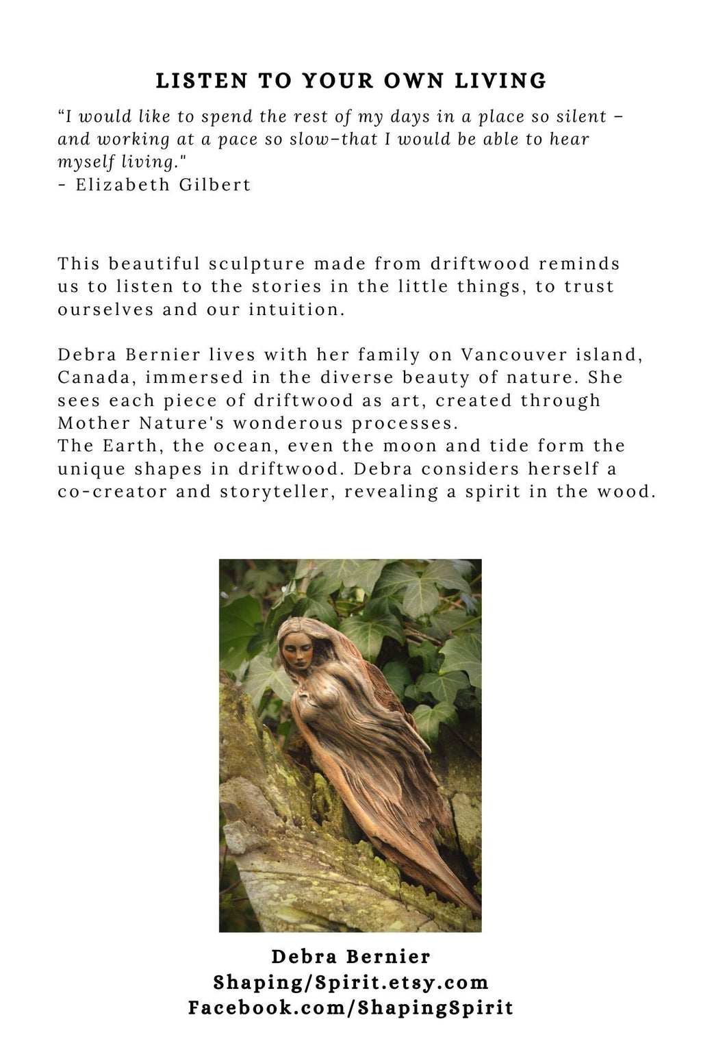 FREE SHIPPING - Art Card, Listen to Your Own Living, by Debra Bernier, Shaping Spirit