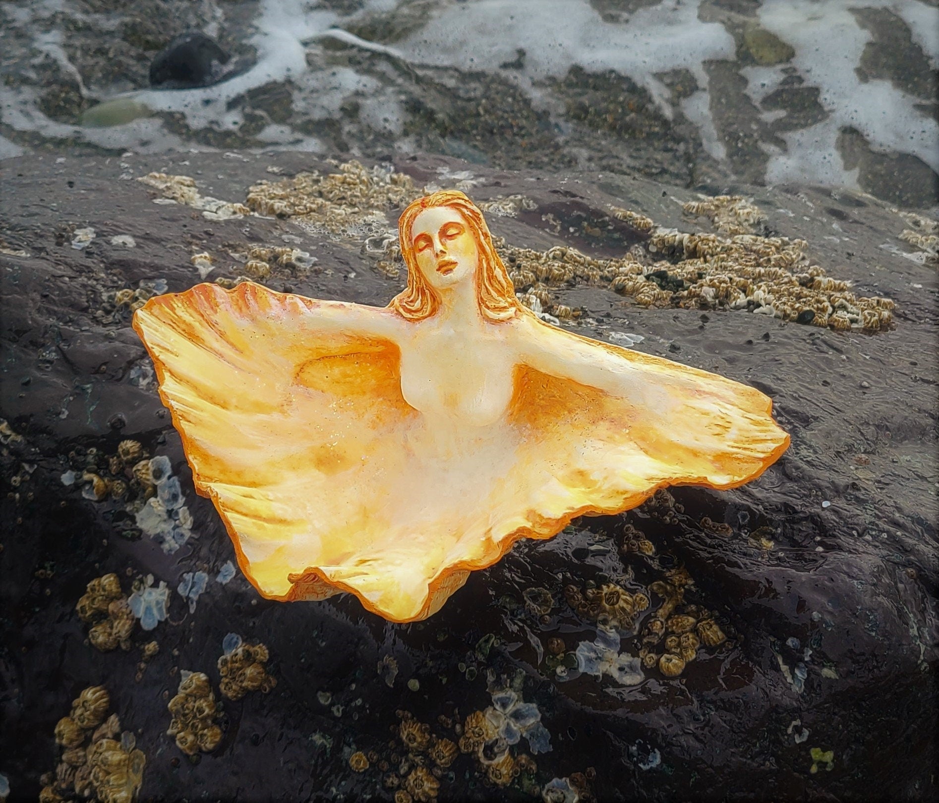 Ocean Treasure Bowl, WHITE Clam Shell Goddess, Altar Sculpture by Shaping Spirit, Debra Bernier
