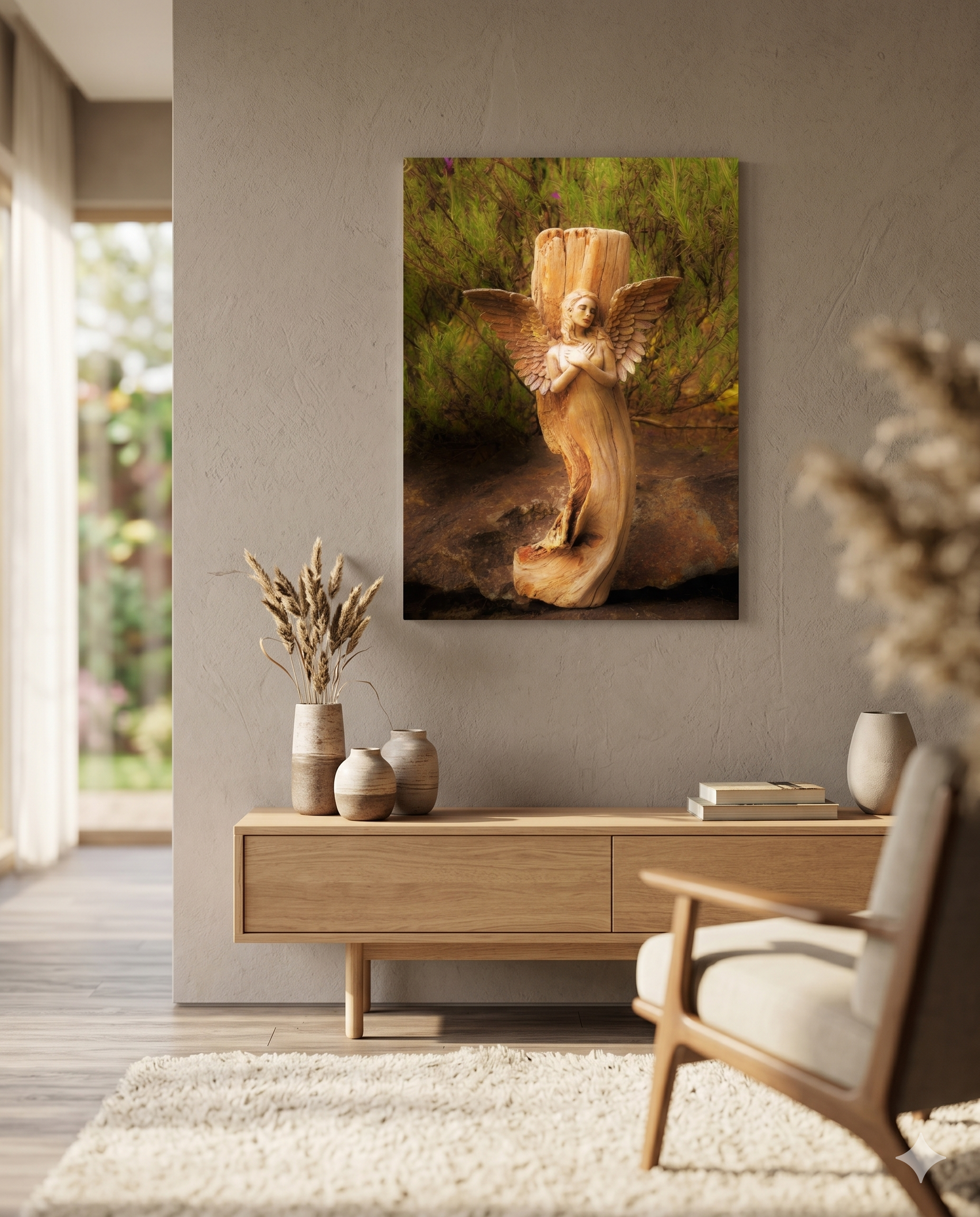 Living room setting with a wall art of an original sculpture
