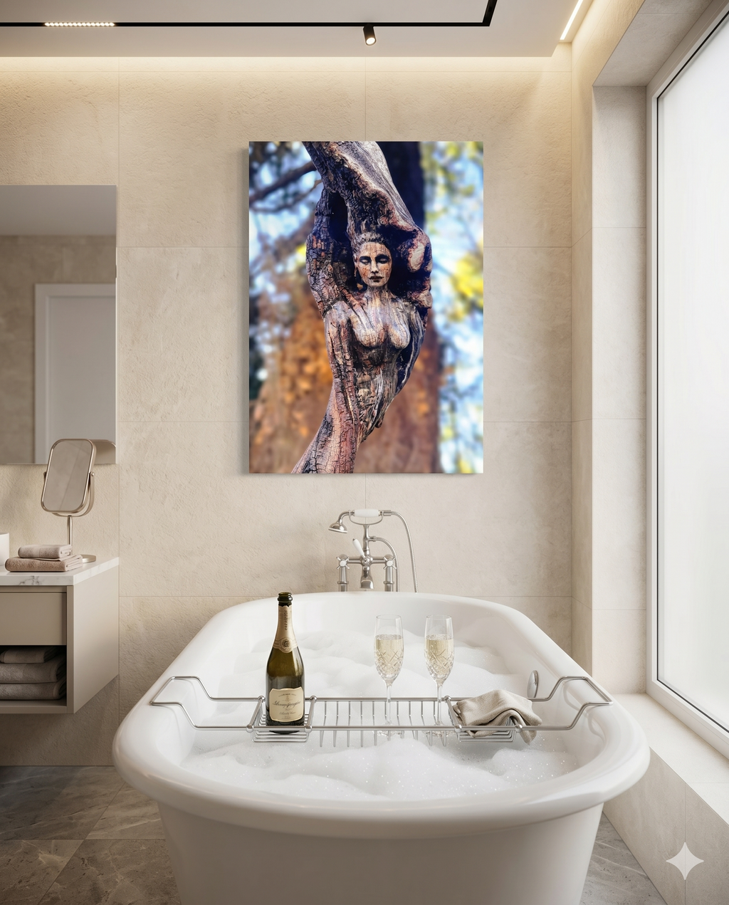 Bathroom with a bathtub, champagne, and two glasses, featuring a decorative wall art of an original sculpture.