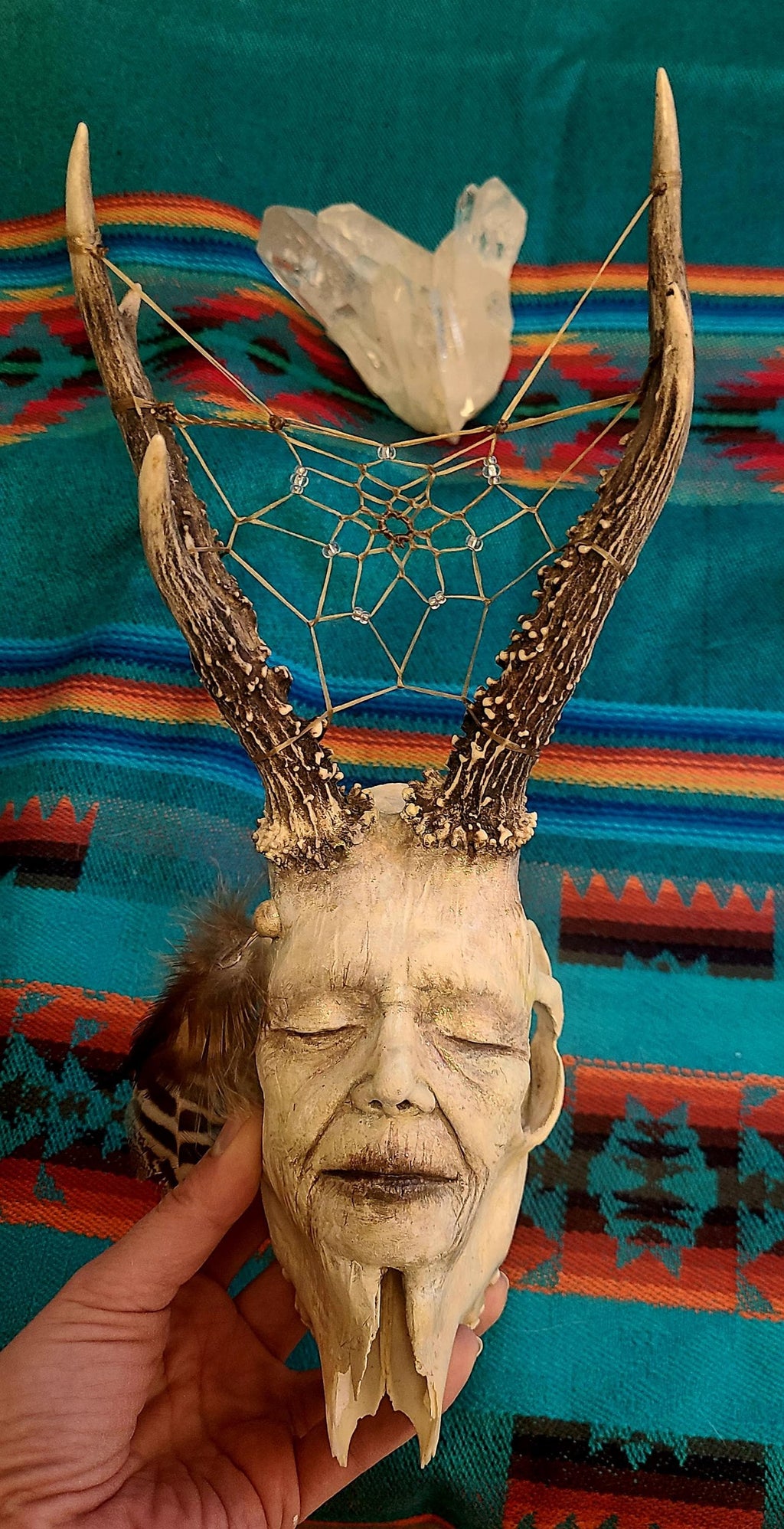Beauty in Death, Horned Skull Woman, with Dreamcatcher. Sculpture by Debra Bernier