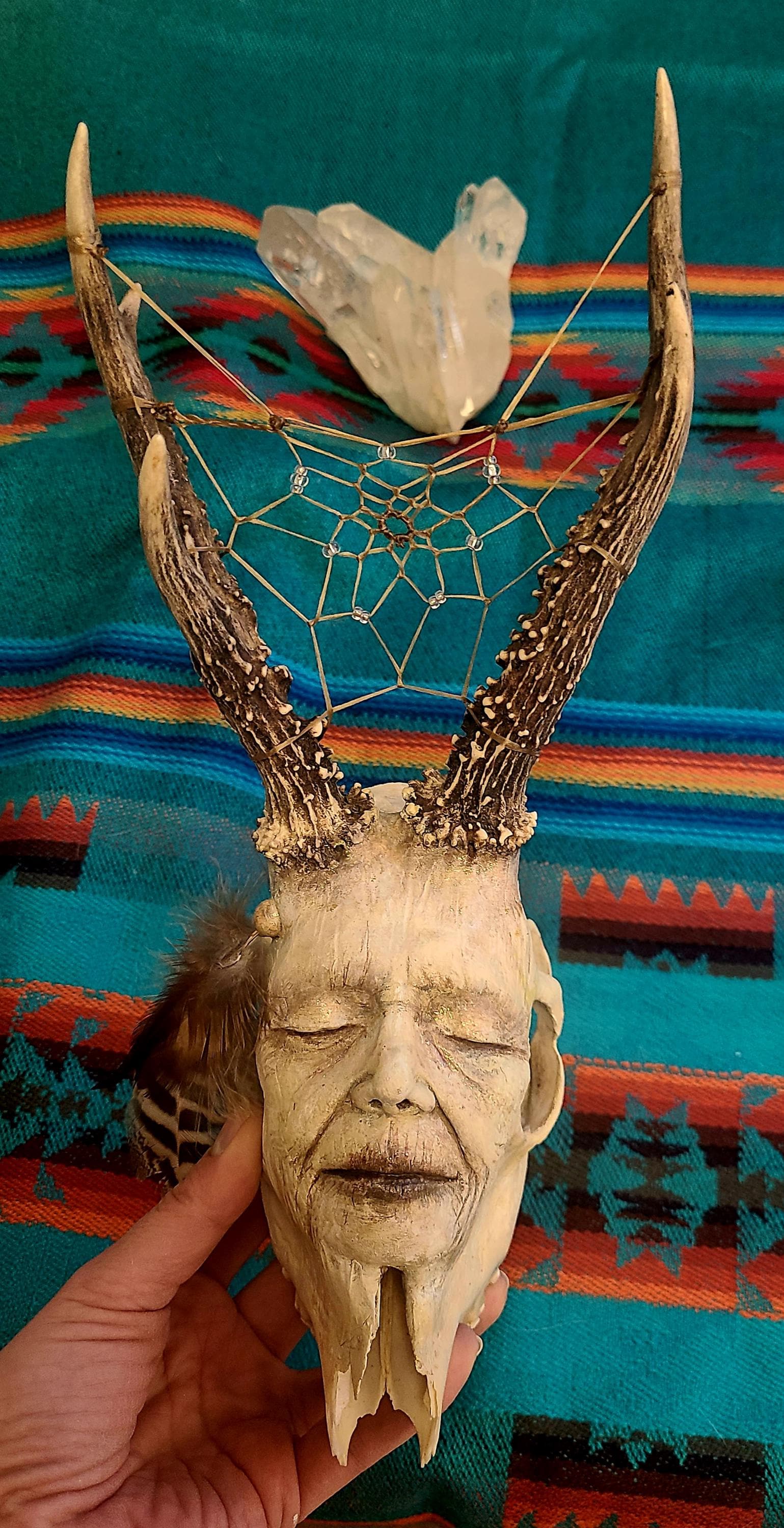 Beauty in Death, Horned Skull Woman, with Dreamcatcher. Sculpture by Debra Bernier