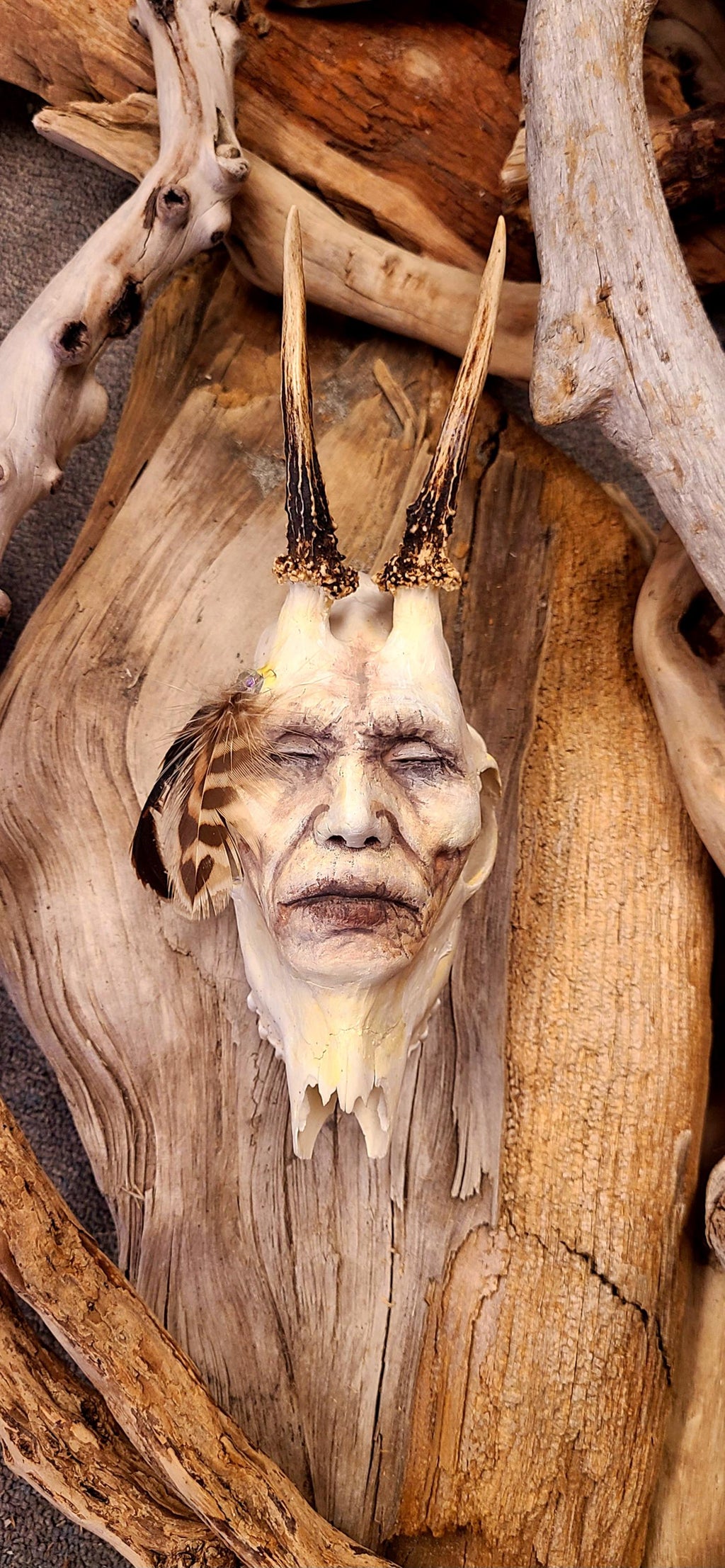 Horned Skull Man with Feathers, Altar Bone Sacred Sculpture