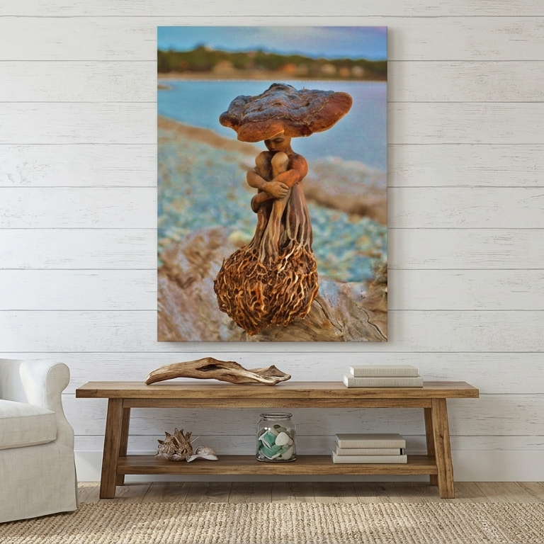 Living room with a large wall art piece depicting an original sculpture.