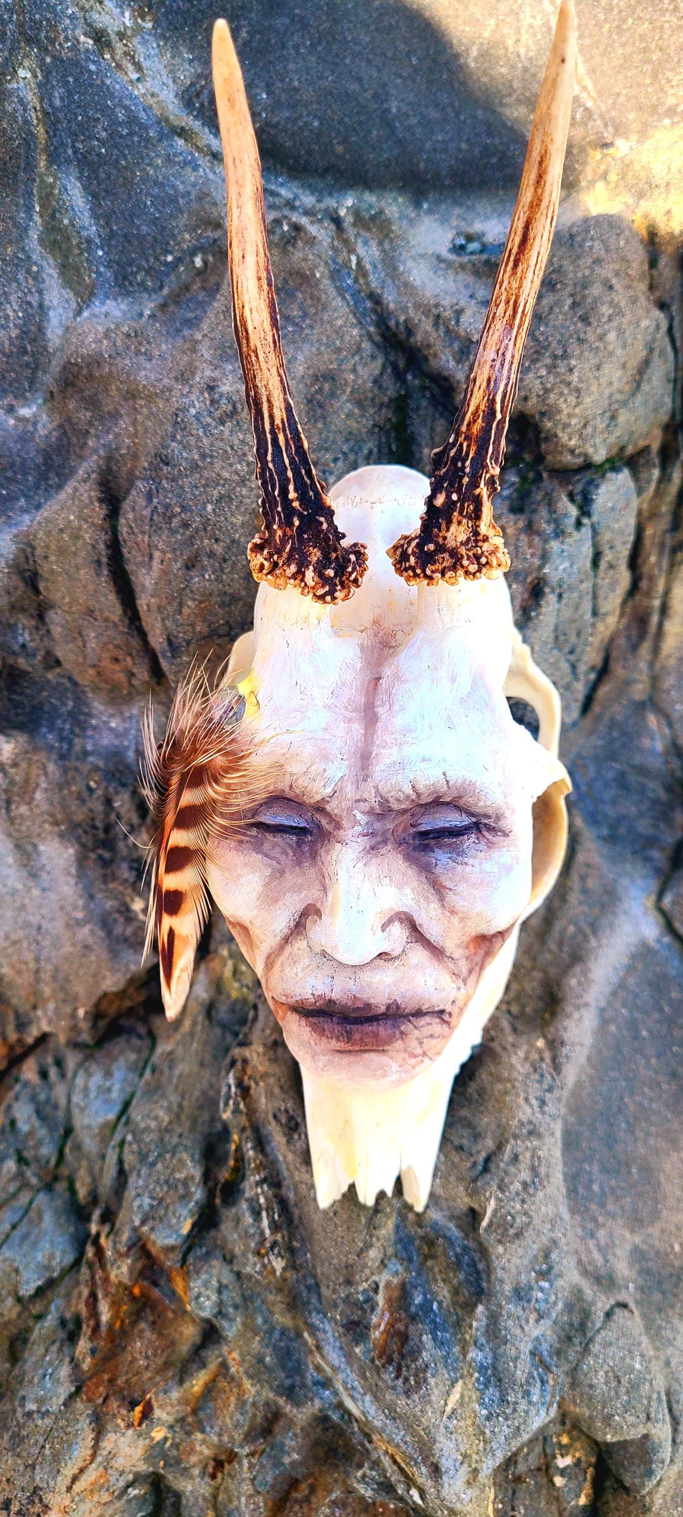 Horned Skull Man with Feathers, Altar Bone Sacred Sculpture