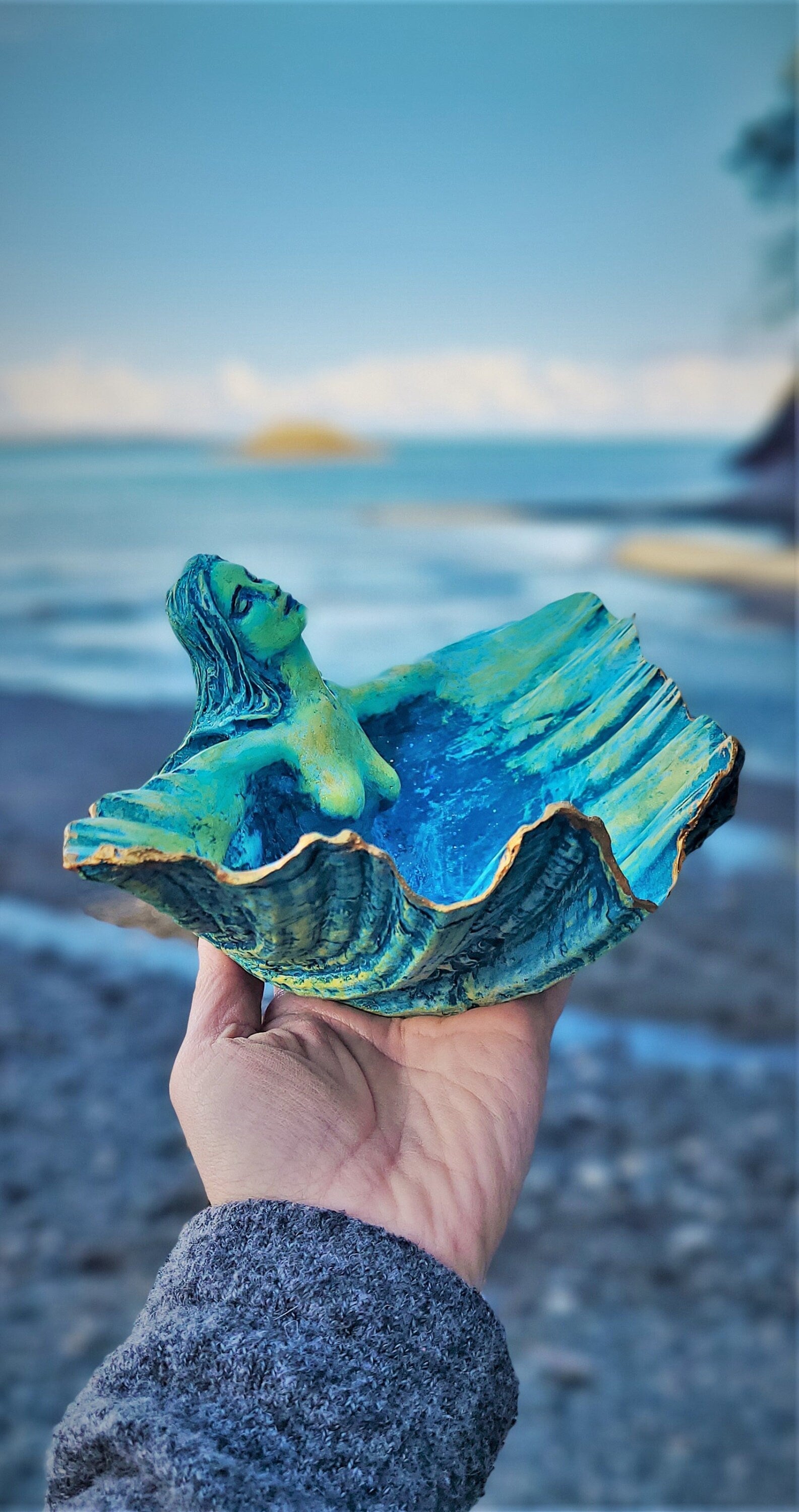 Ocean Treasure Bowl, Clam Shell Goddess, Altar Bowl Sculpture by Shaping Spirit, Debra Bernier