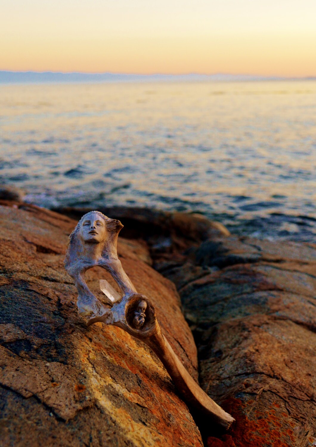 Mermaid Bone Mother with Crystal, Sacred Goddess Talking Stick, Baby in Womb Sculpture by Shaping Spirit