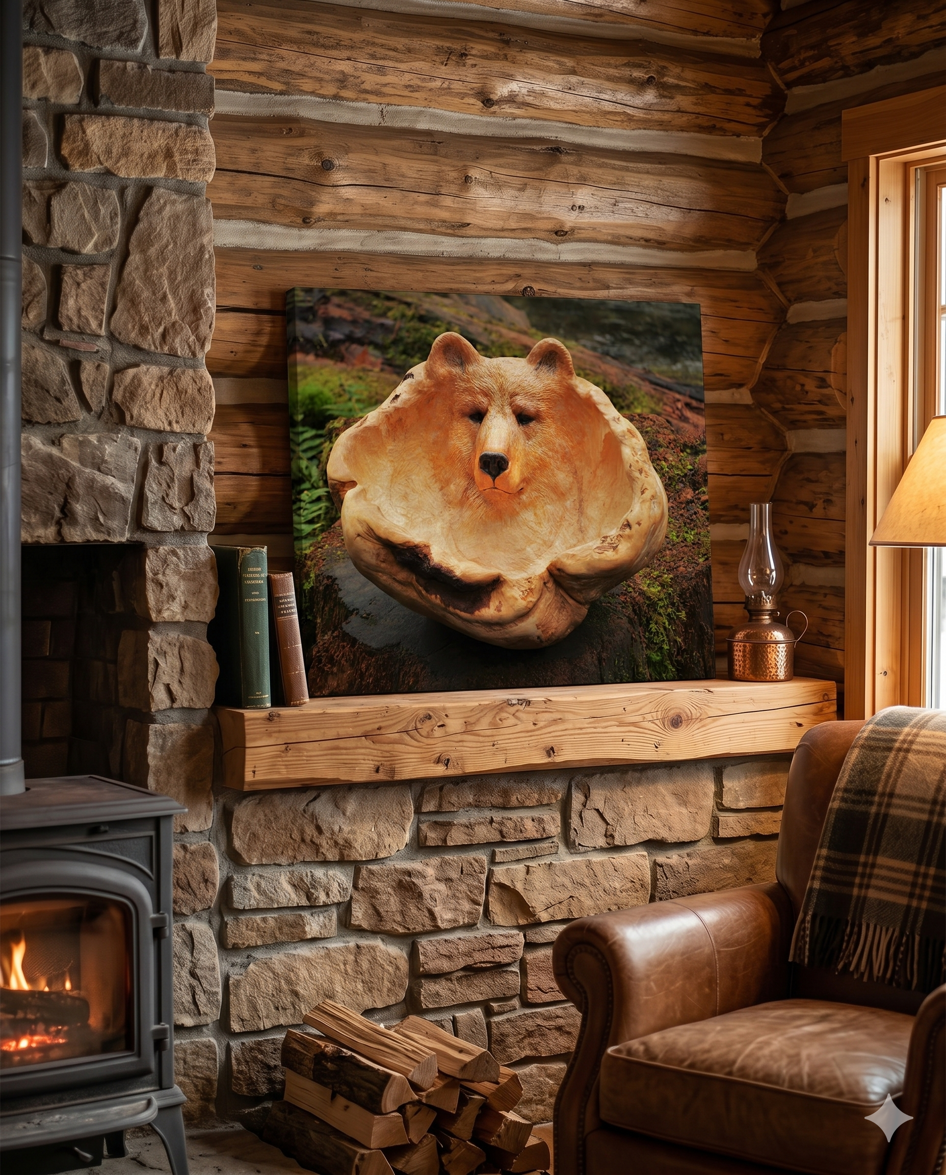 a stone fireplace in a cozy cabin setting with a wall art of an original sculpture