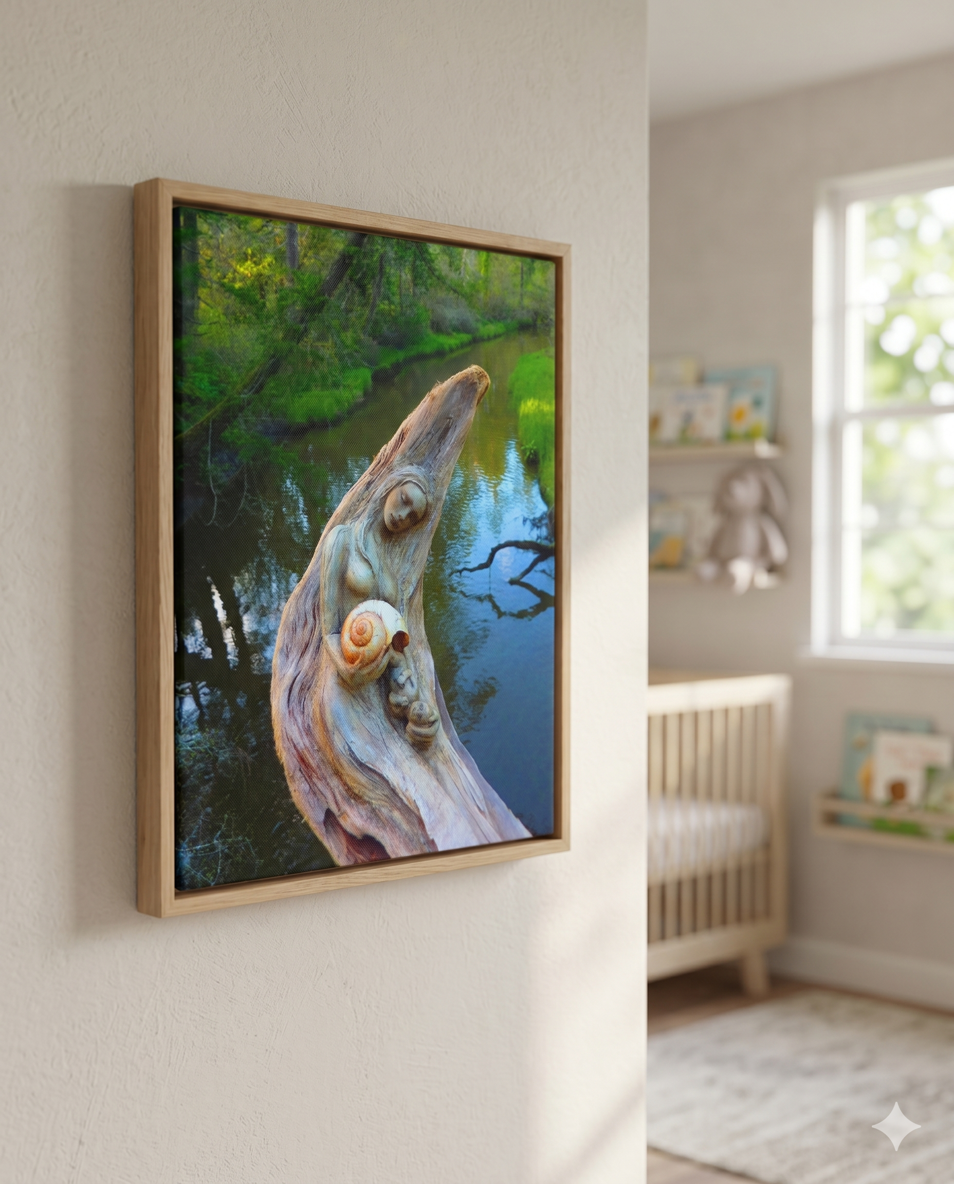 A room with a crib and toys showing canvas wall art of original sculpture