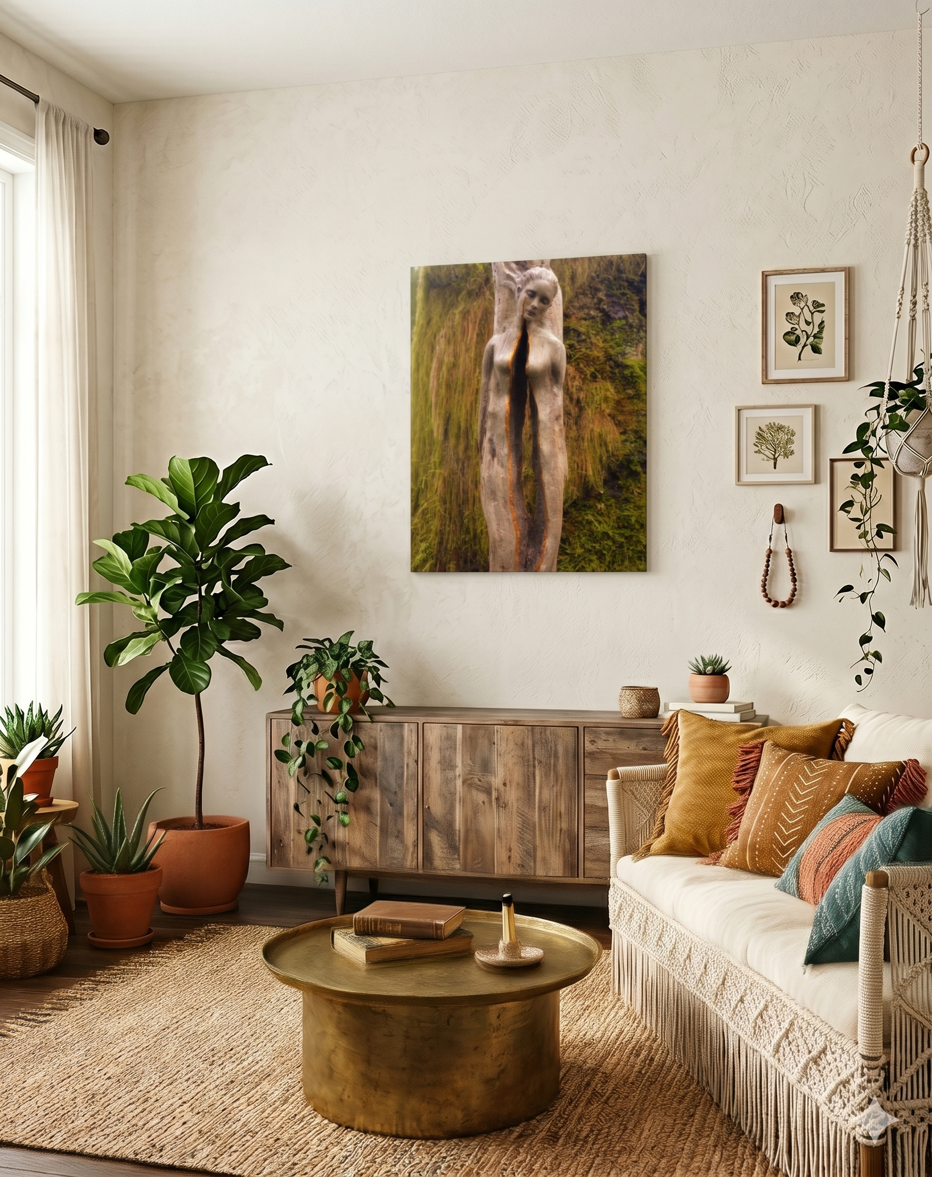 Living room with a couch, coffee table, and wall canvas of an original sculpture 