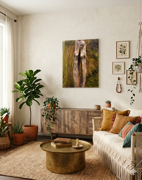 Living room with a couch, coffee table, and wall canvas of an original sculpture 