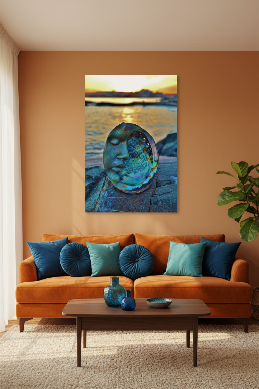 A vertical canvas wall art print depicting a blue-toned carved face in an abalone shell hanging on a warm terracotta wall above an orange sofa in a styled living room.