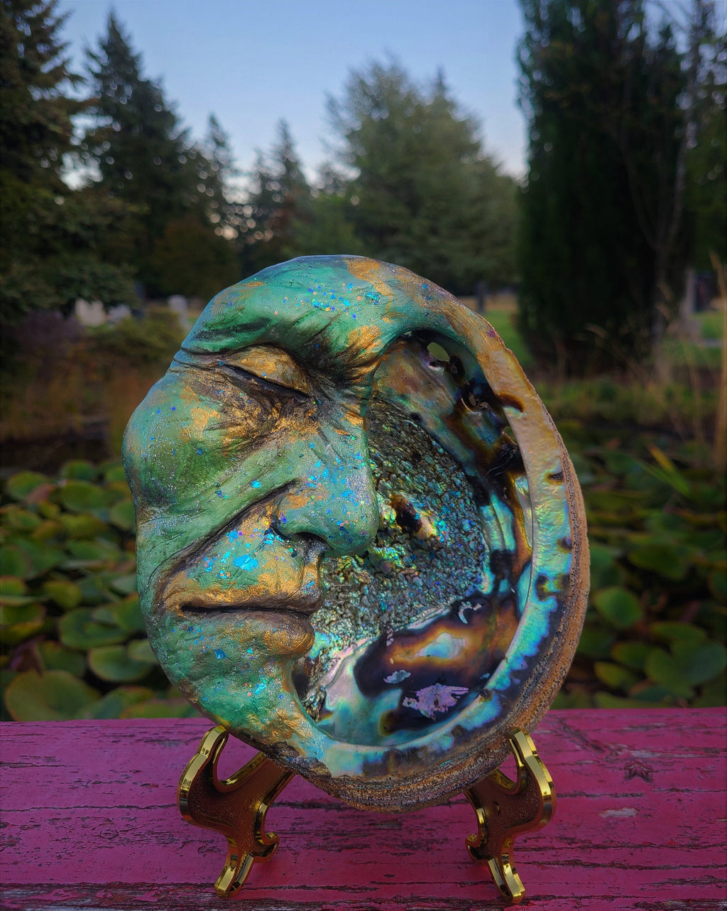 Man in the Moon abalone shell moon sculpture celestial spiritual art by Debra Bernier