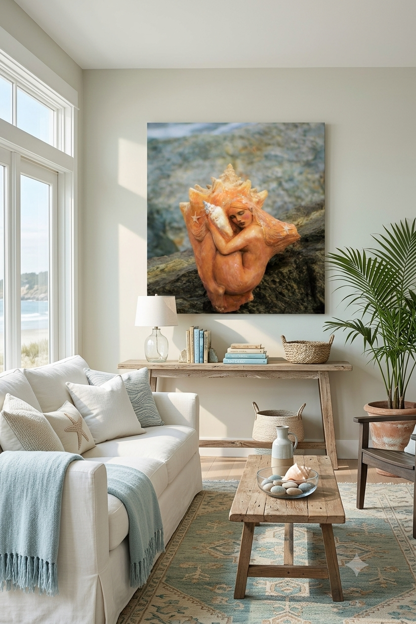 Living room with a large painting of a mermaid carved into a shell, a white sofa, and a wooden coffee table.