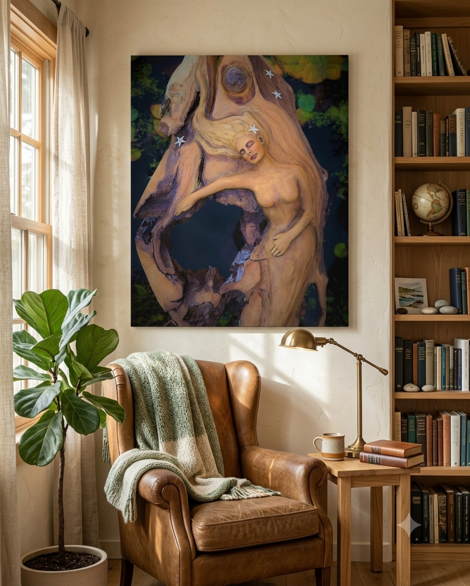 Living room with a large painting of a mermaid carved in wood, a brown leather armchair, a potted plant, and a bookshelf.