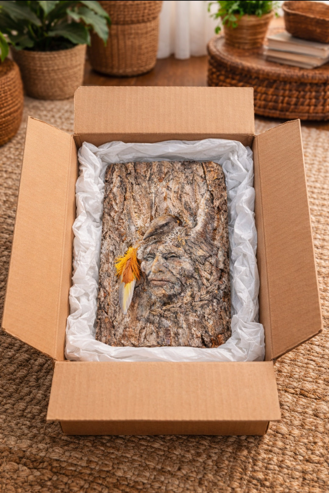 Raven Spirit of the Forest, Tree Bark Sculpture | Woodland Spiritual Art