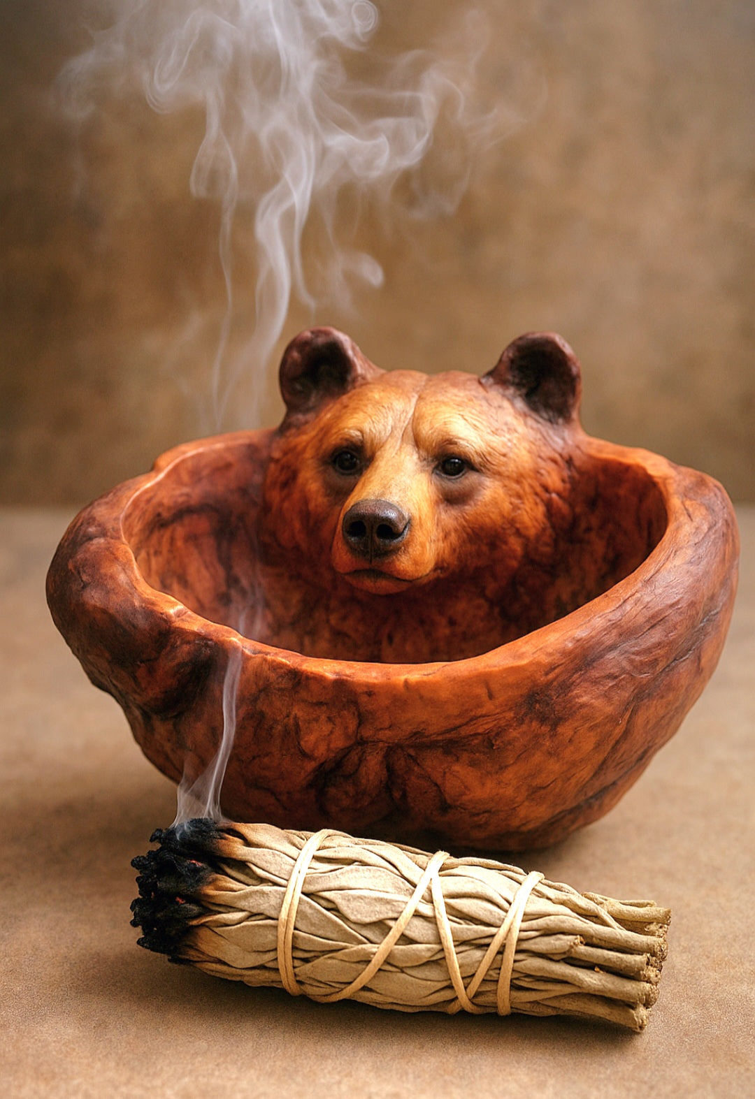 Angled view of Spirit Bear Bowl with sage showing sculpted bear form and bowl opening detail