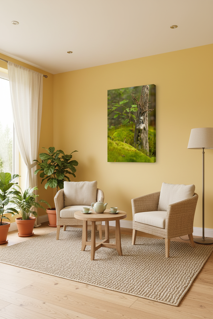 A framed vertical canvas print of a mossy green forest scene hangs on a mustard yellow wall in a modern, sunlit living room with two wicker armchairs, a small wooden coffee table, and potted plants.
