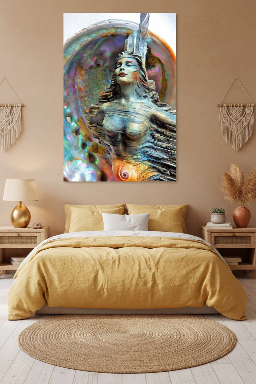A large vertical canvas print featuring a stylized metallic female figure inside an iridescent shell, displayed on a beige wall above a bed in a styled bedroom.