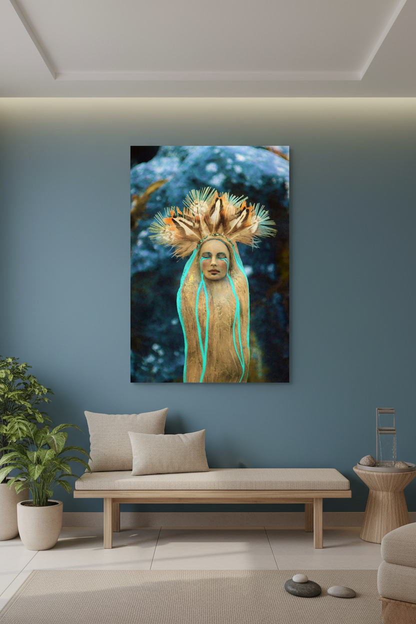 A vertical canvas art print featuring a stylized figure with turquoise hair and a golden leaf crown, displayed on a blue-gray wall above a light wood bench in a modern living room setting.
