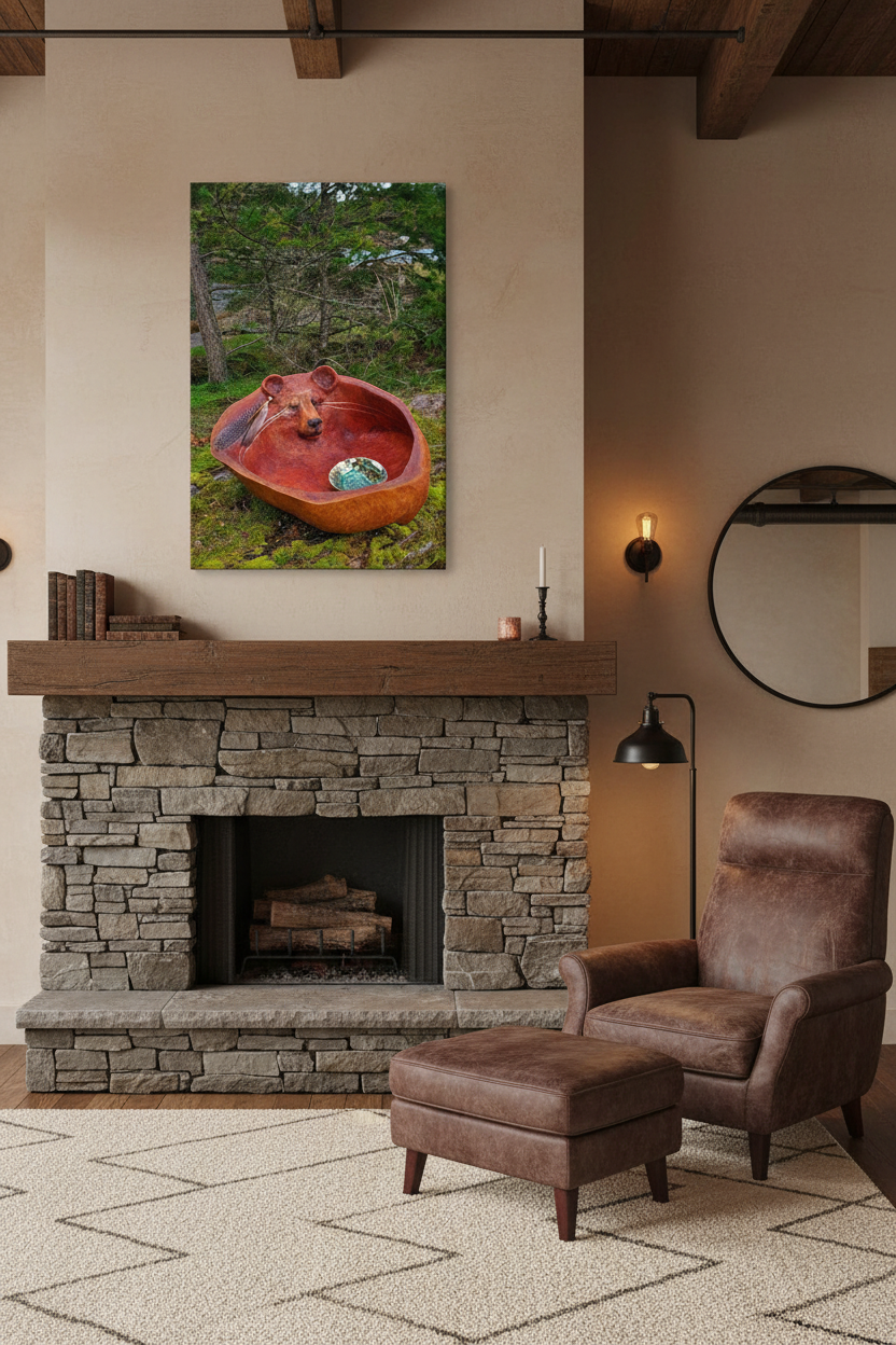 A framed vertical canvas print of a bear sitting in a red wooden canoe, displayed on a beige wall above a rustic stone fireplace in a styled living room with a brown leather armchair and ottoman.